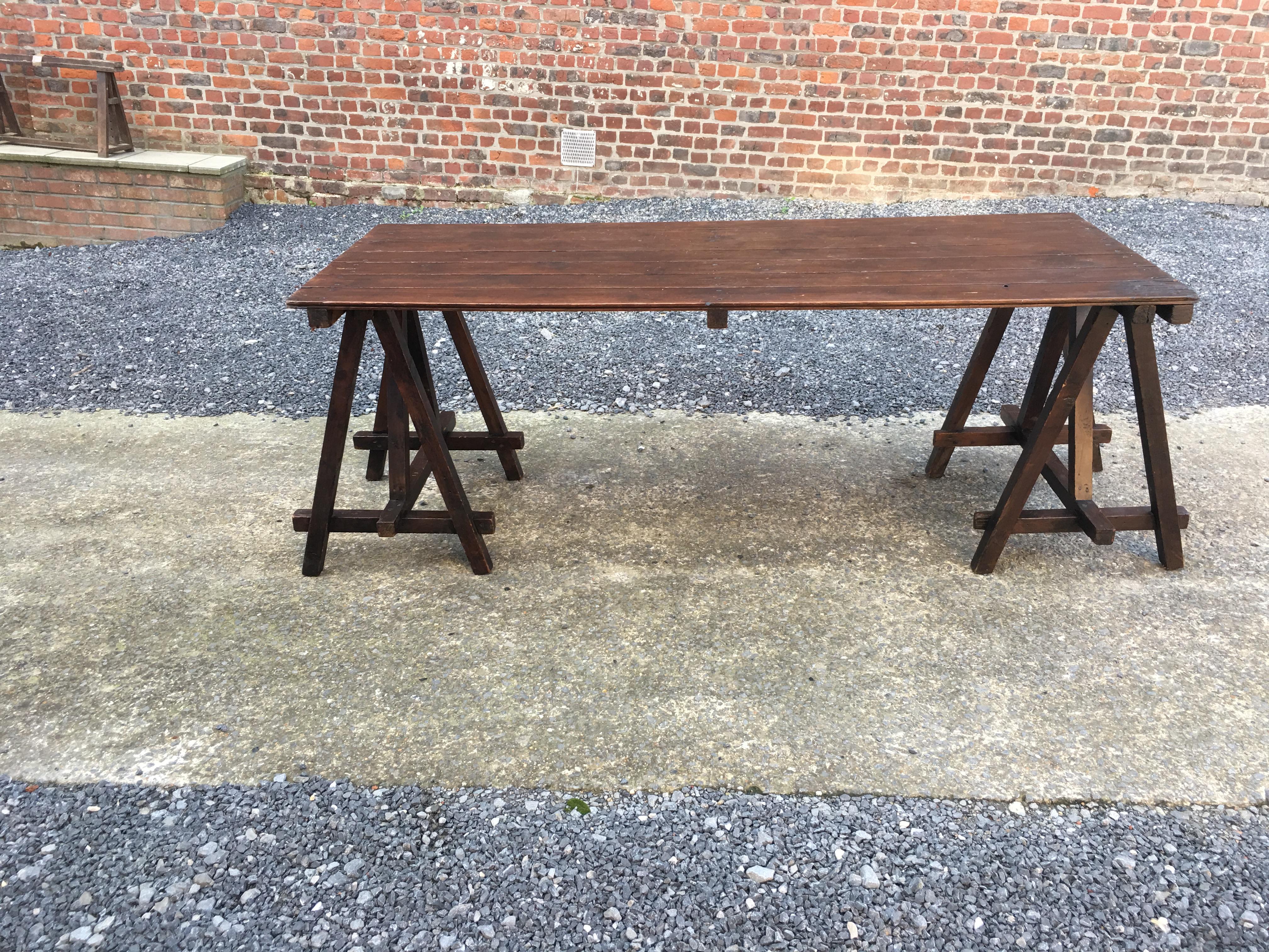 Wood Large Antique French Trestle Table, circa 1930