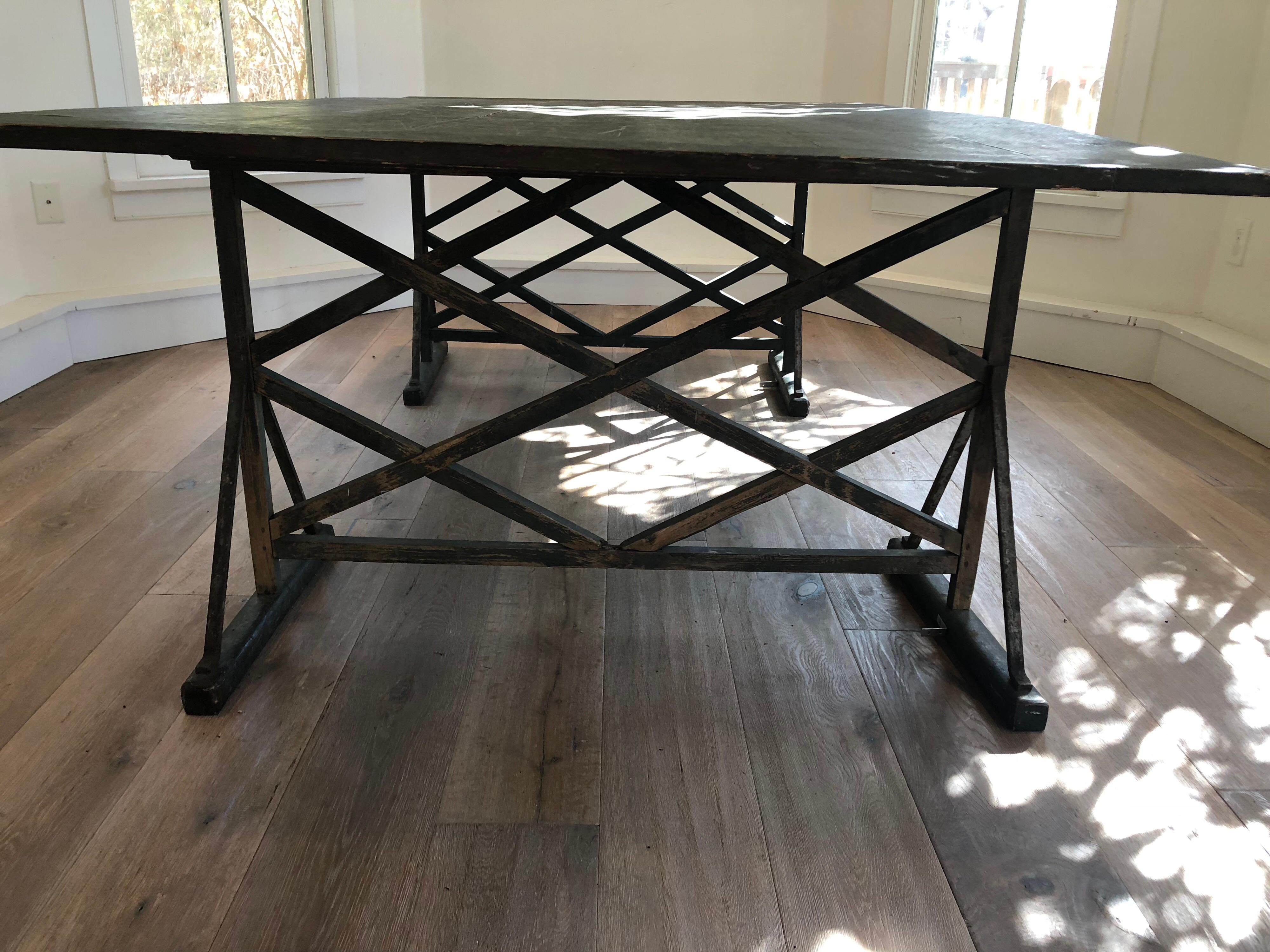 Wood Large Antique French Trestle Table For Sale