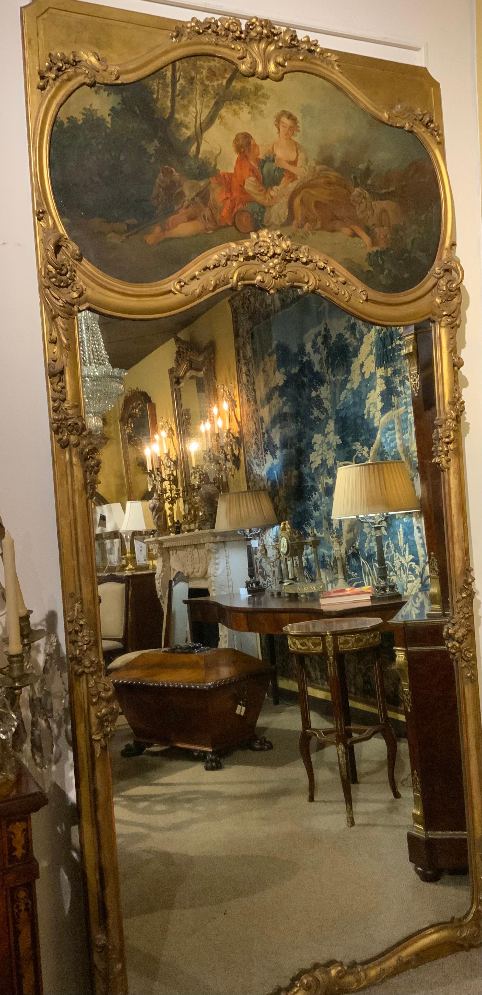 Louis XV Grande paire de miroirs trumeau français anciens dans des cadres en bois doré 19ème siècle