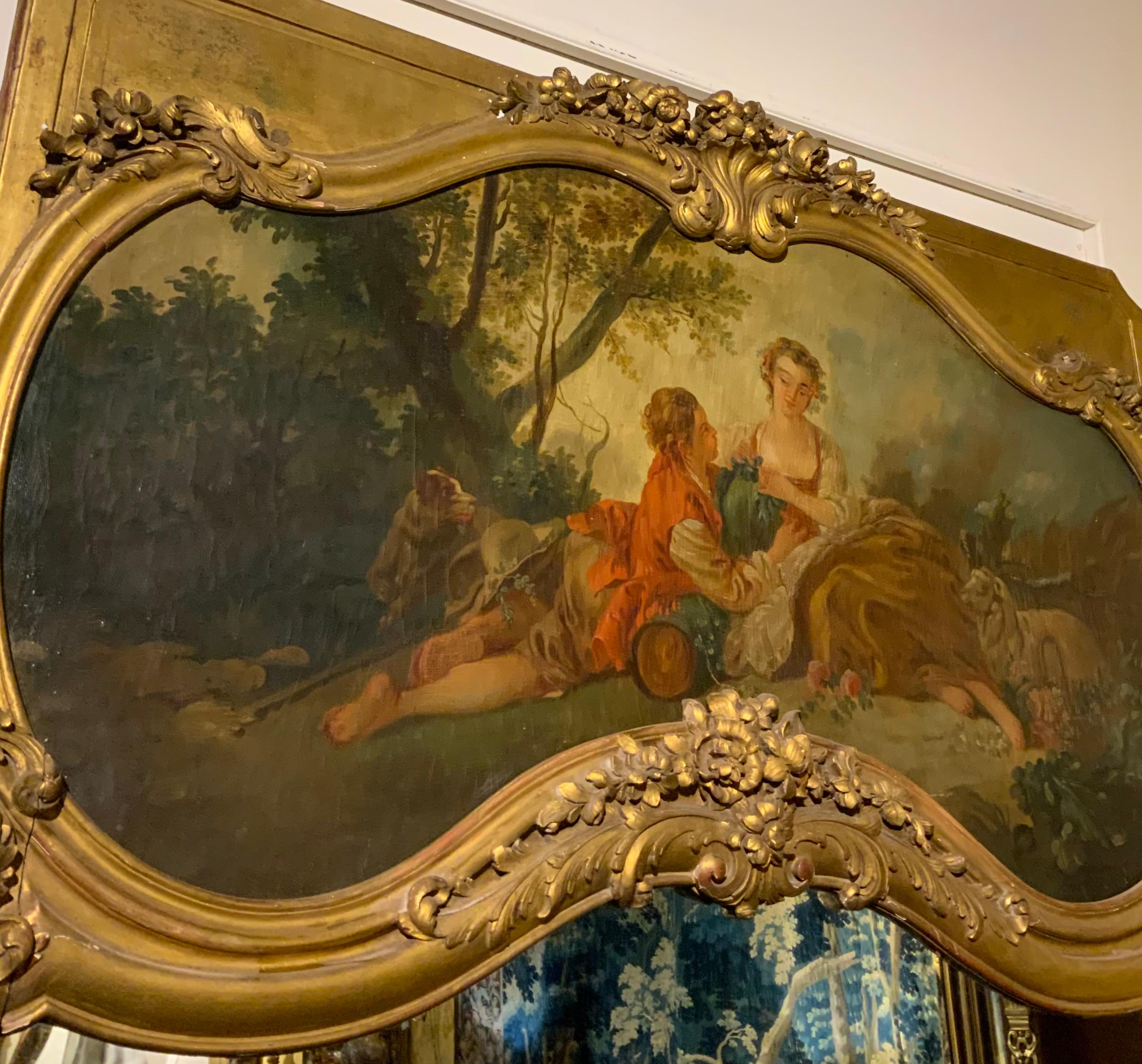 Français Grande paire de miroirs trumeau français anciens dans des cadres en bois doré 19ème siècle