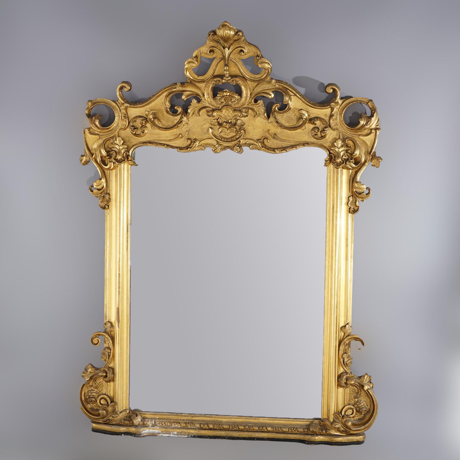 Large Antique French Victorian Giltwood Over Mantel Mirror C1880 In Good Condition In Big Flats, NY