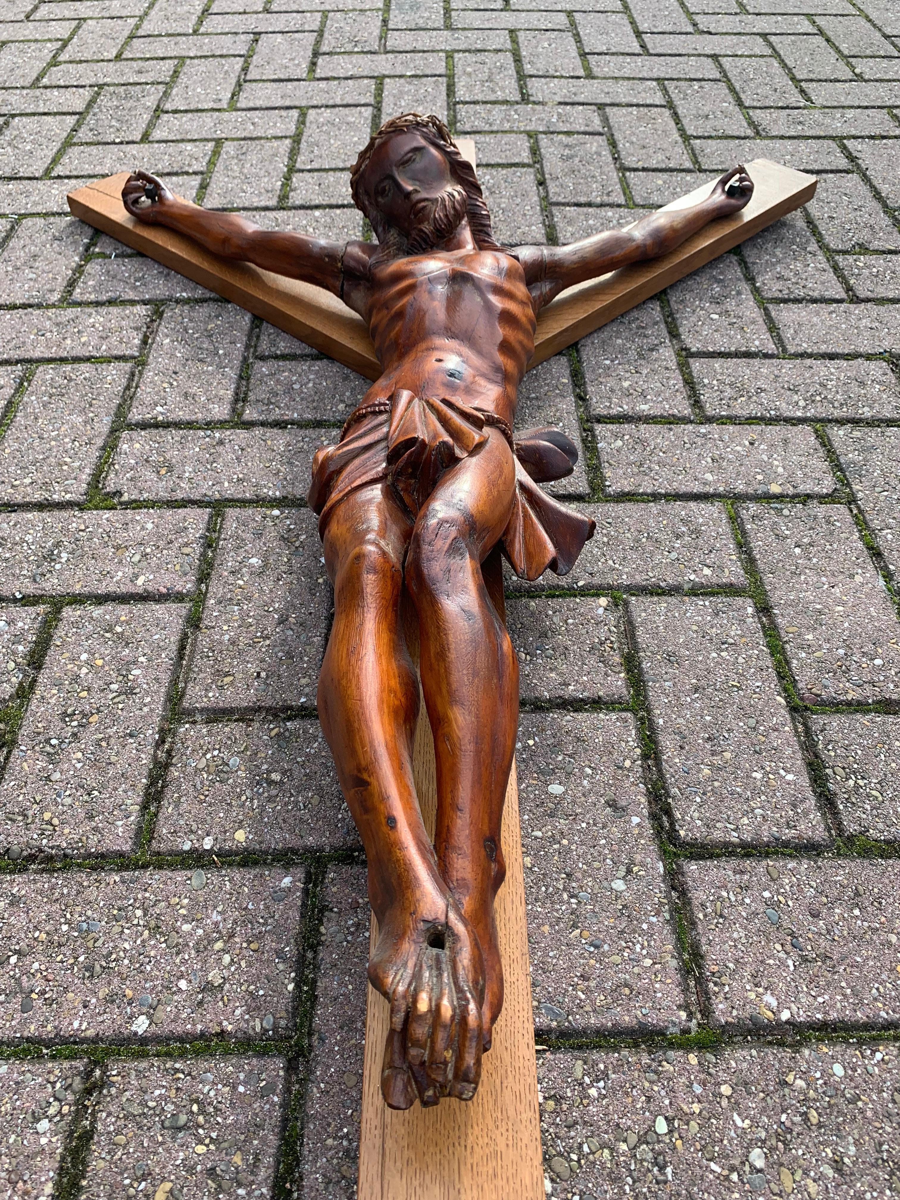 Large Size French Wall Crucifix / Jesus Christ on the Cross with Crown of Thorns For Sale 5