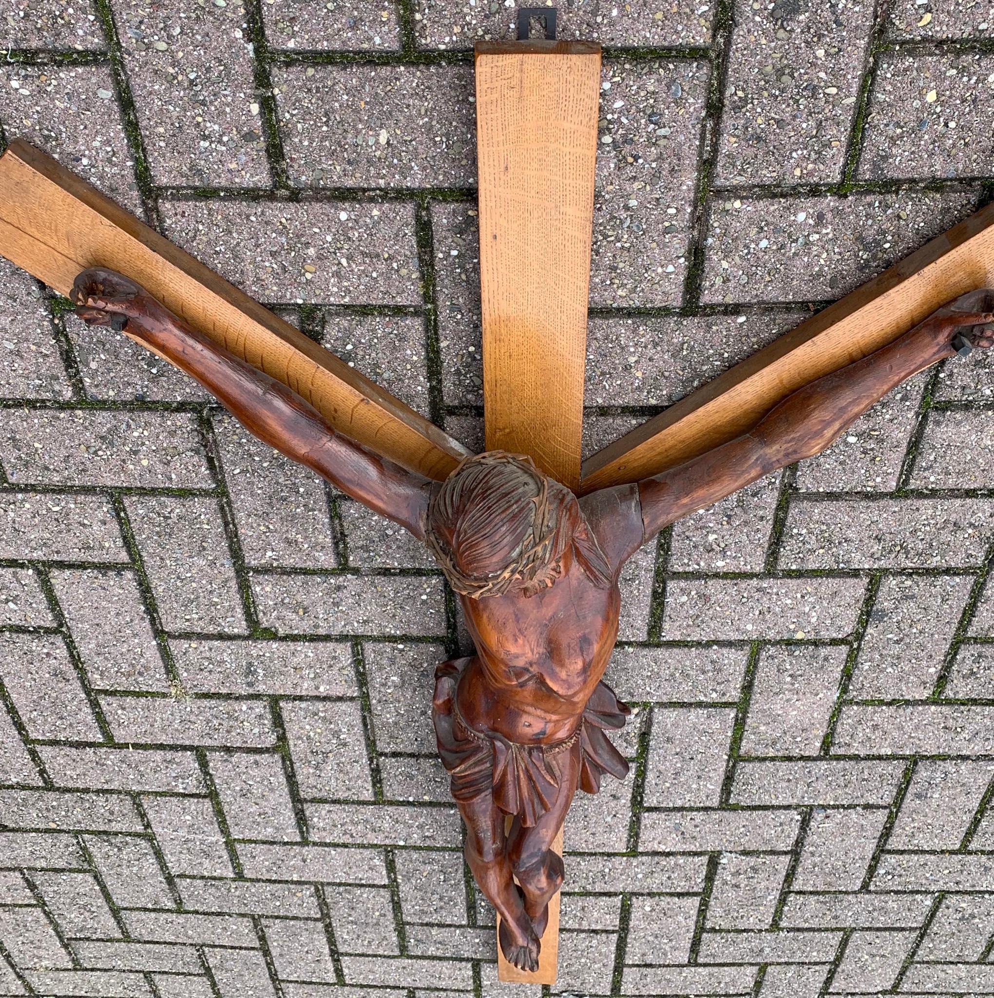 Large Size French Wall Crucifix / Jesus Christ on the Cross with Crown of Thorns For Sale 6