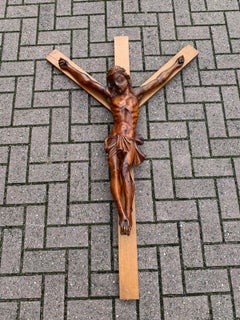 Large Size French Wall Crucifix / Jesus Christ on the Cross with Crown of Thorns