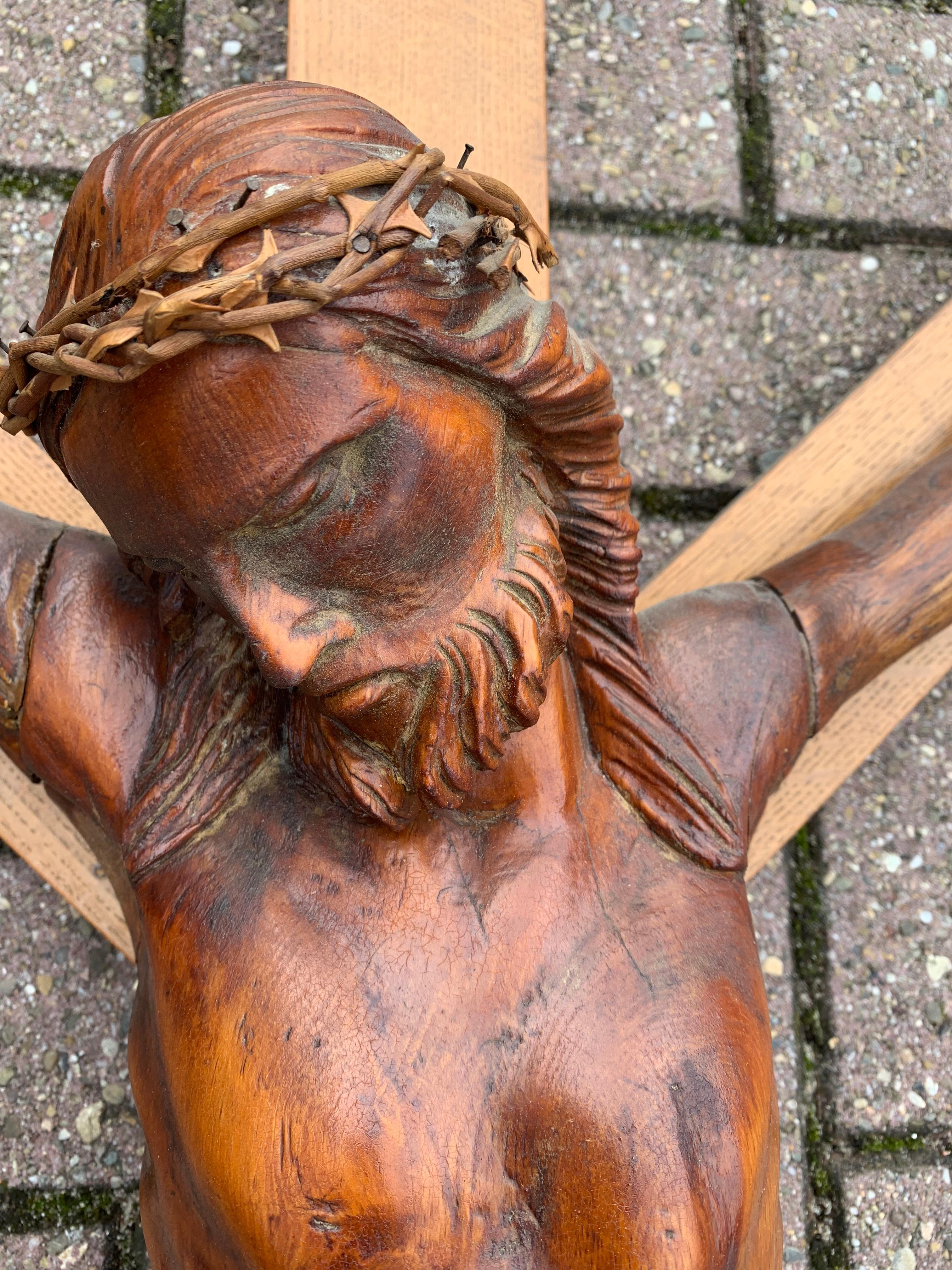 Gothic Large Size French Wall Crucifix / Jesus Christ on the Cross with Crown of Thorns For Sale