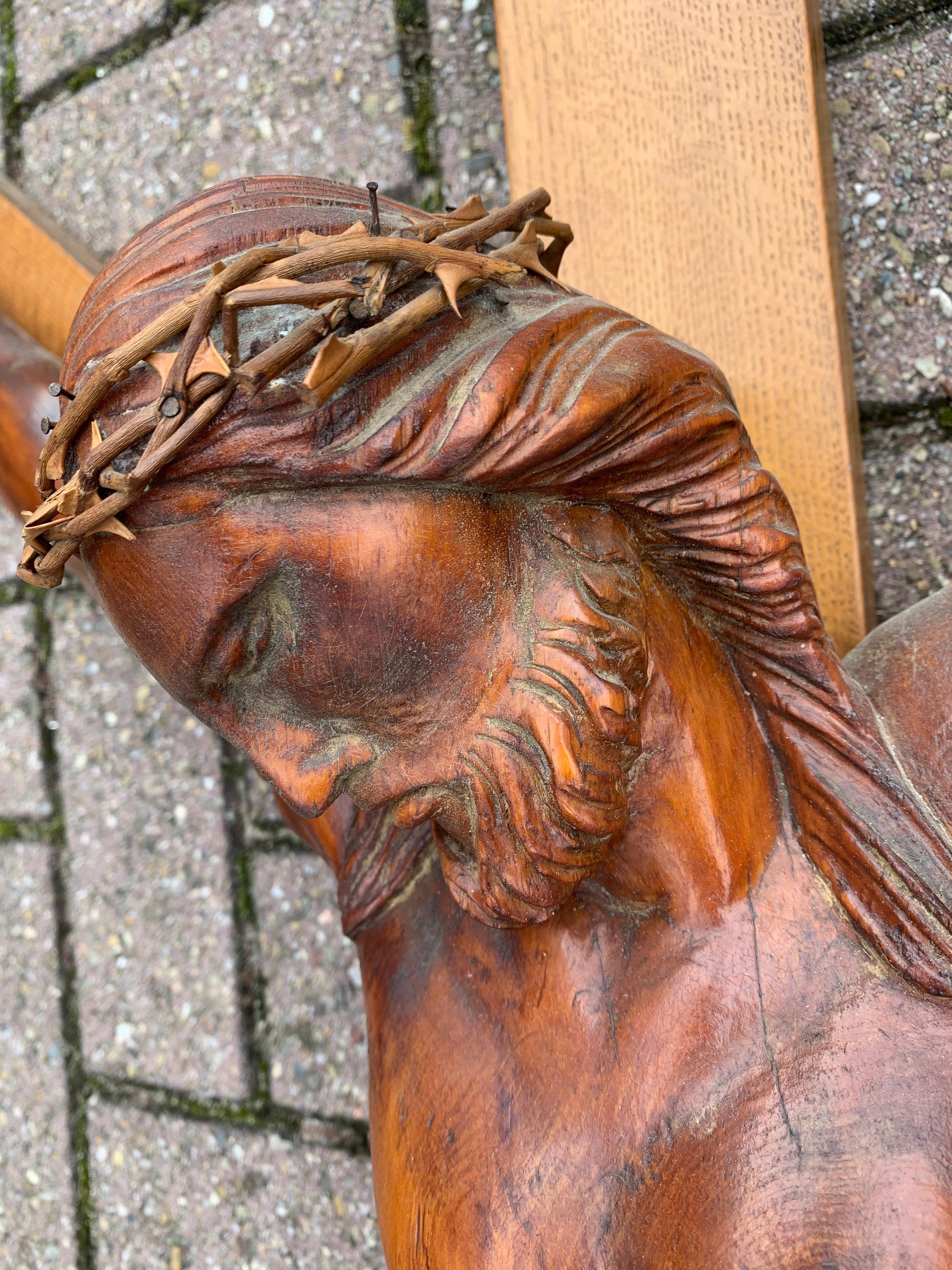 Hand-Carved Large Size French Wall Crucifix / Jesus Christ on the Cross with Crown of Thorns For Sale