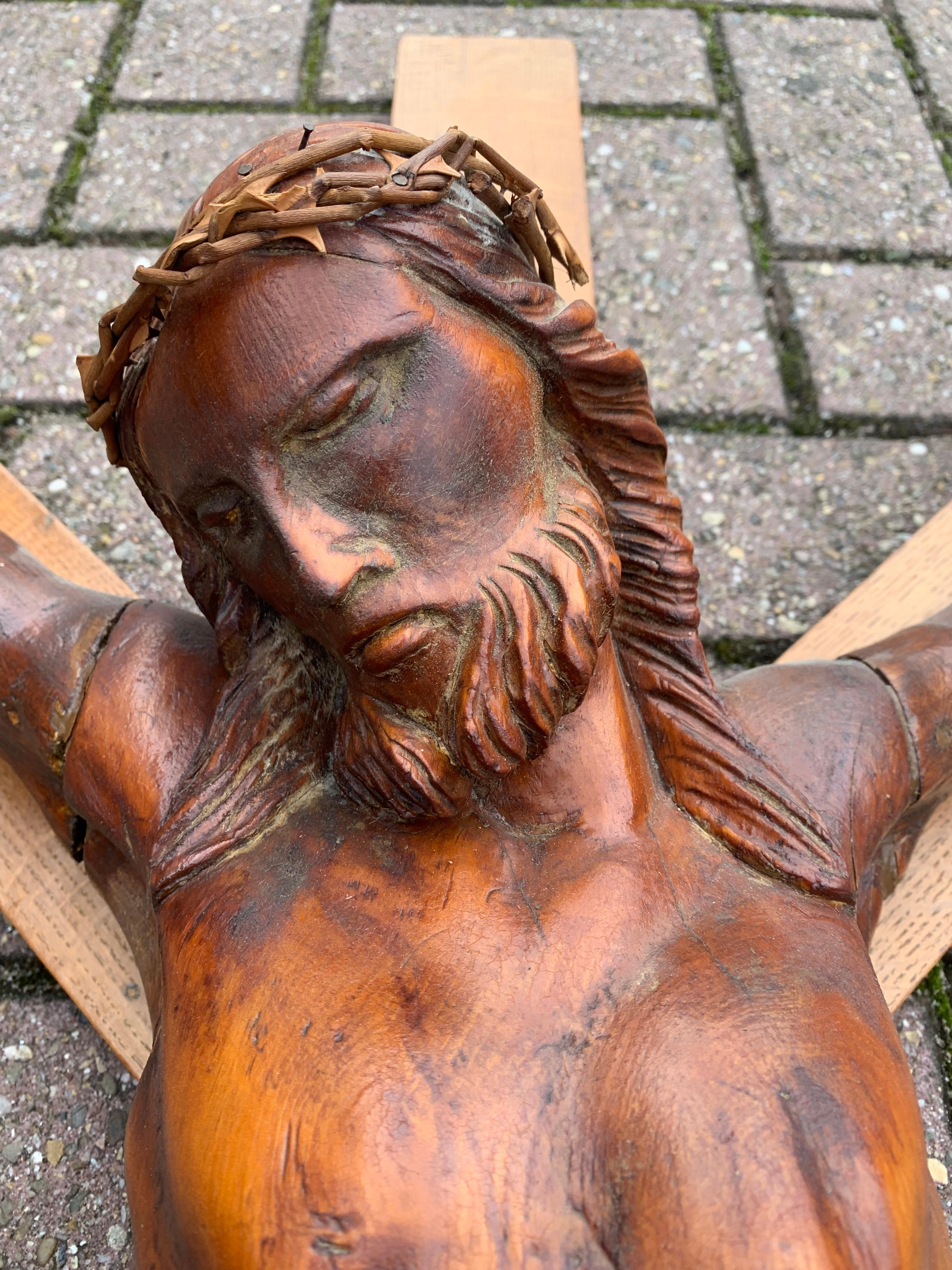 19th Century Large Size French Wall Crucifix / Jesus Christ on the Cross with Crown of Thorns For Sale
