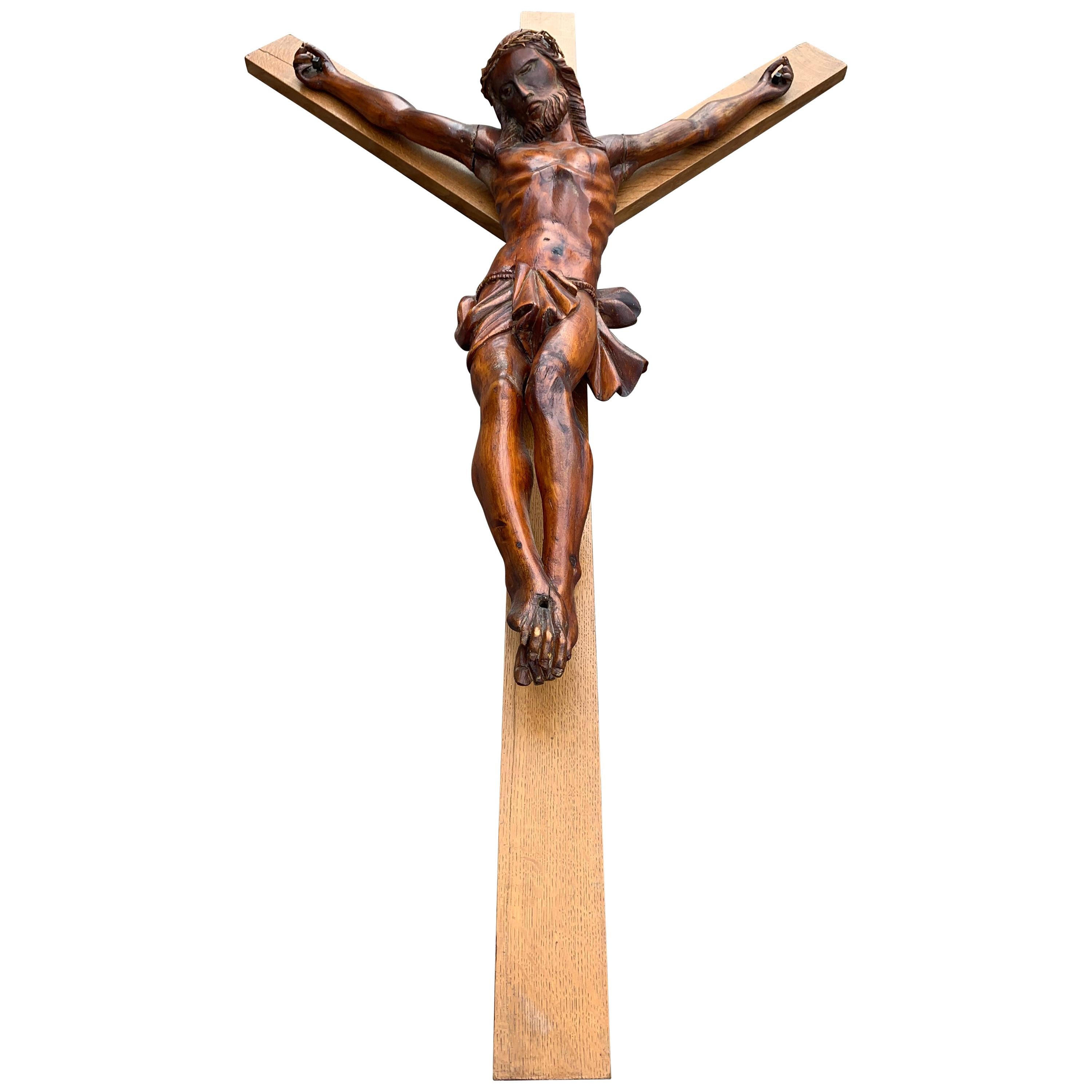 Large Size French Wall Crucifix / Jesus Christ on the Cross with Crown of Thorns