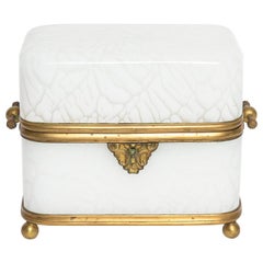 Large Antique French White Marbleized Glass with Bronze Mount Casket Vanity Box