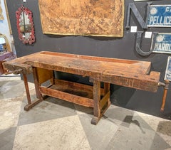 Large Antique French Work Table with Two Vices & Dog Holes on Trestle Base