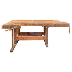 Large Antique French Work Table with Two Vices & Dog Holes on Trestle Base
