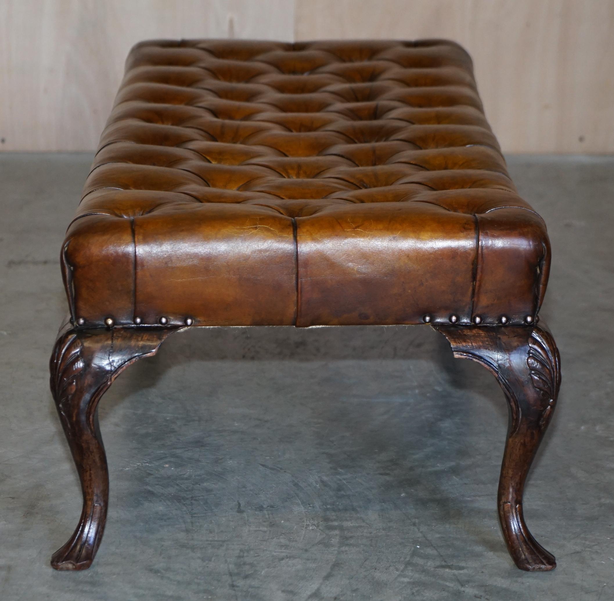 Large Antique Fully Restored Chesterfield Hand Dyed Brown Leather Footstool 5