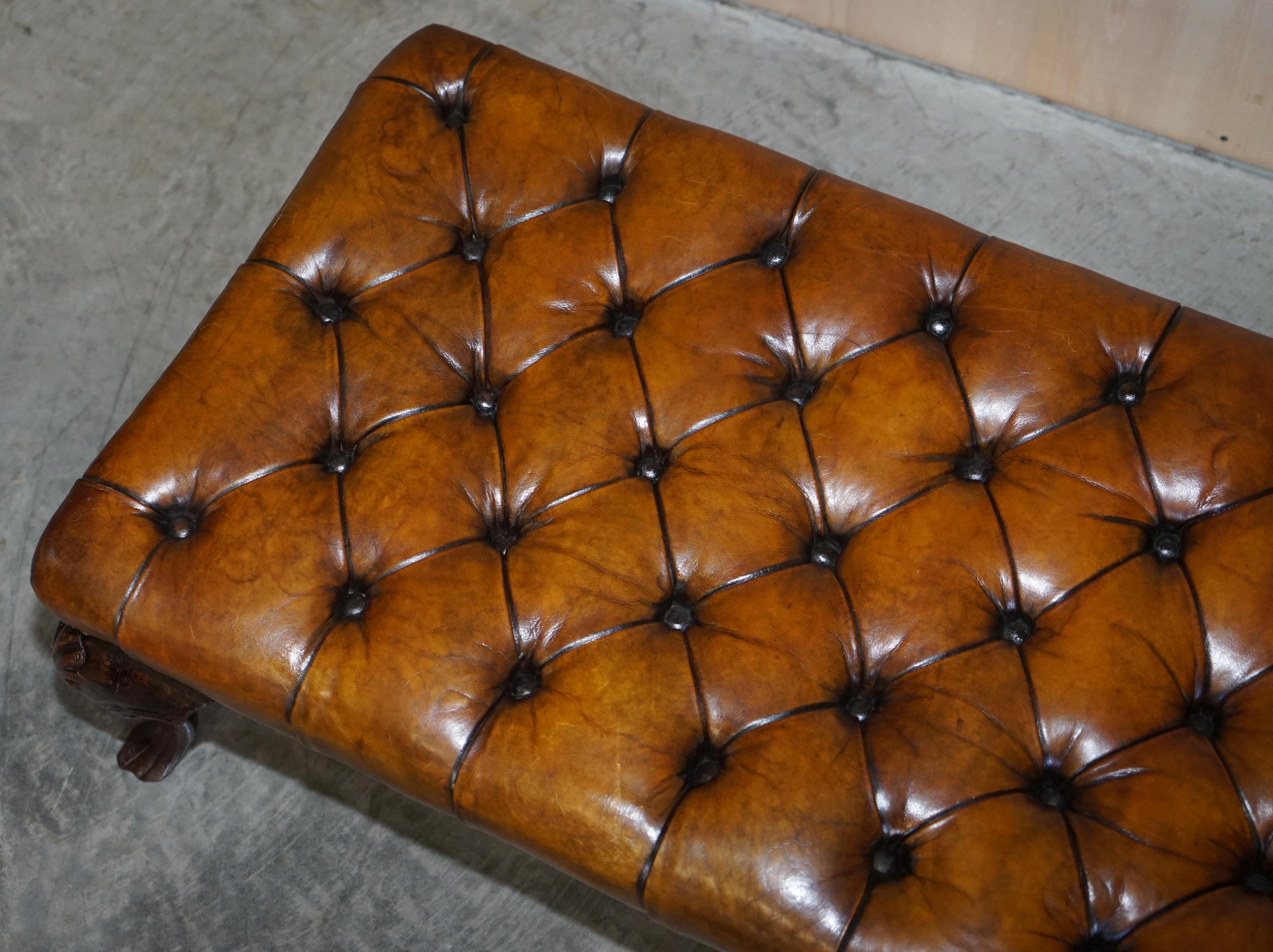 Victorian Large Antique Fully Restored Chesterfield Hand Dyed Brown Leather Footstool