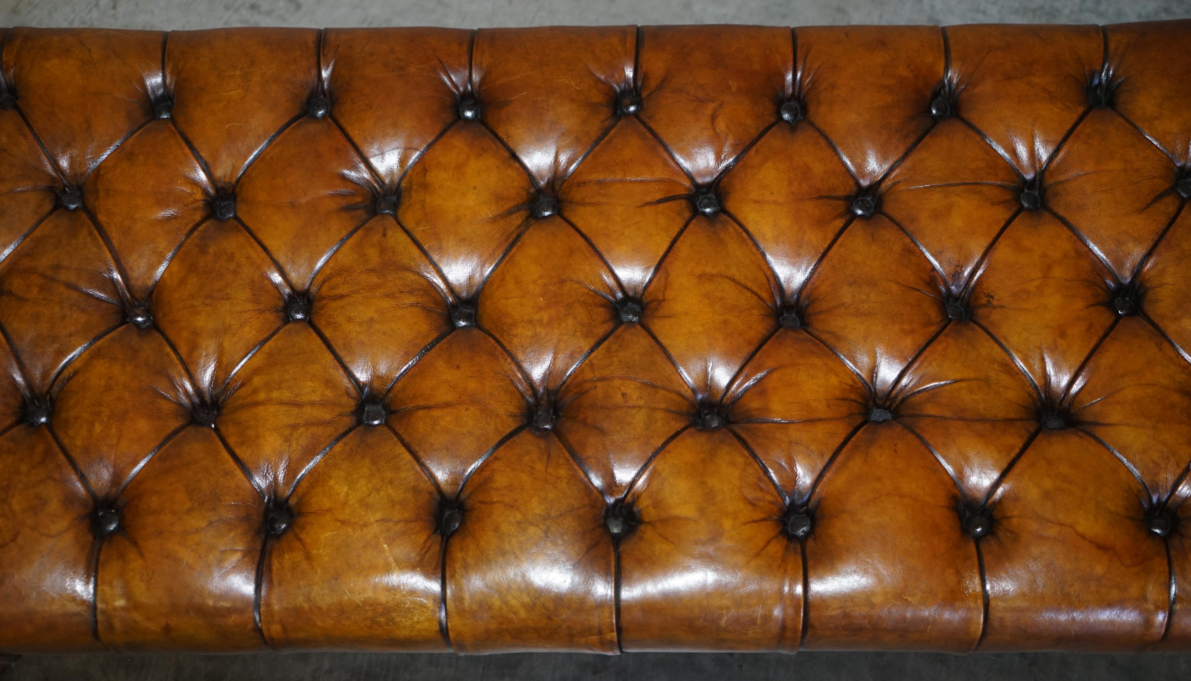 English Large Antique Fully Restored Chesterfield Hand Dyed Brown Leather Footstool