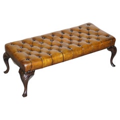 Large Antique Fully Restored Chesterfield Hand Dyed Brown Leather Footstool