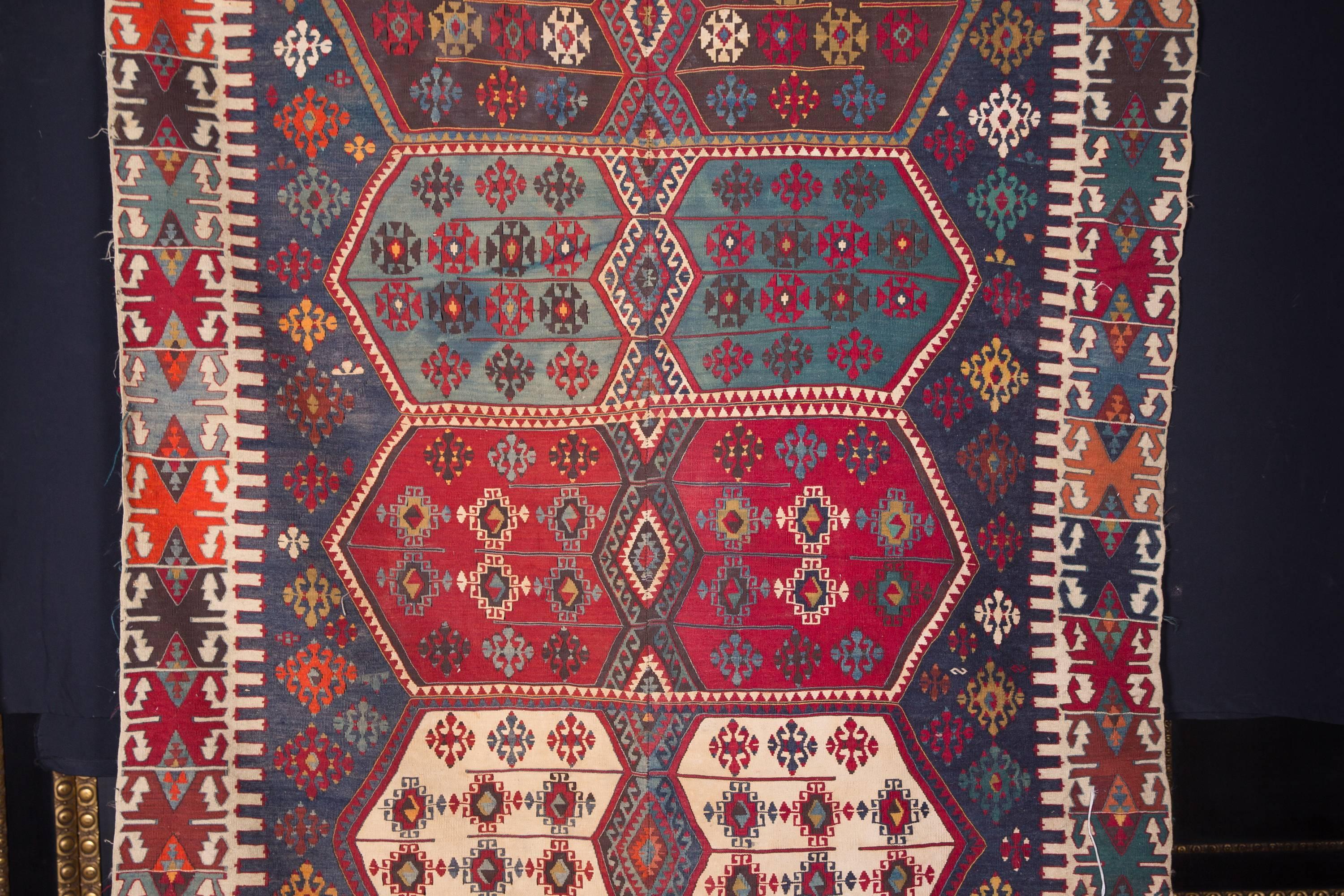 Large Antique Gallery Carpet Turkish Kilim, circa 1900 In Fair Condition In Berlin, DE