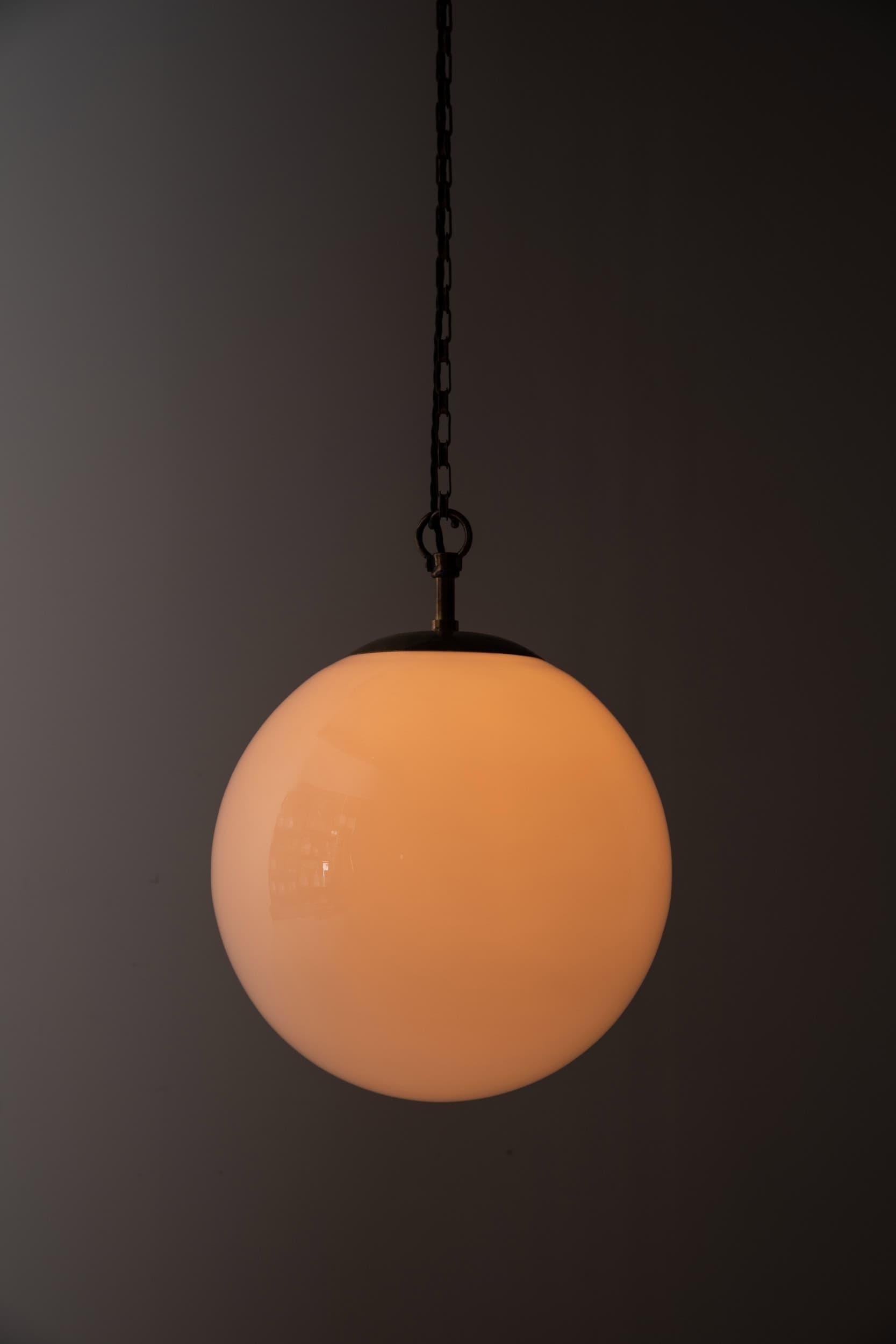 Copper Large Antique GEC Art Deco Globe Round Opaline Glass Pendant Lamp, C.1920 For Sale