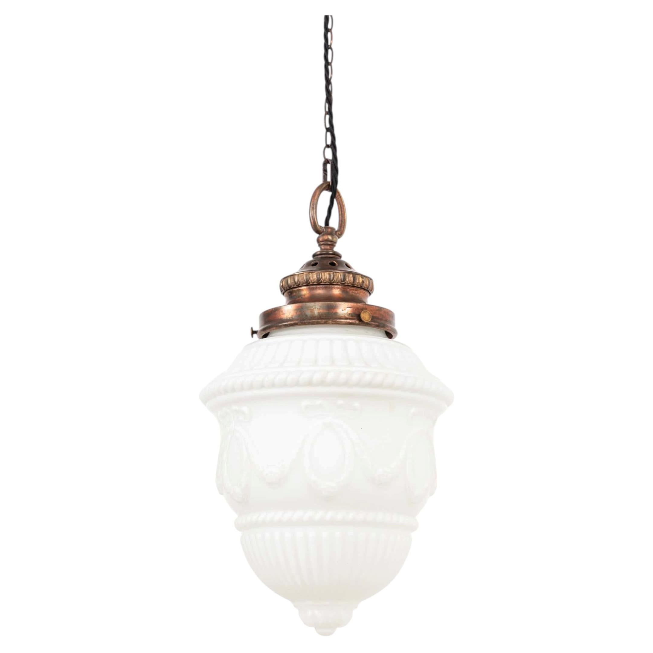 Large Antique GEC Pressed Opaline Glass Brass Ceiling Pendant Light c.1920