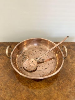 Large antique George III quality copper pan with a copper skimmer
