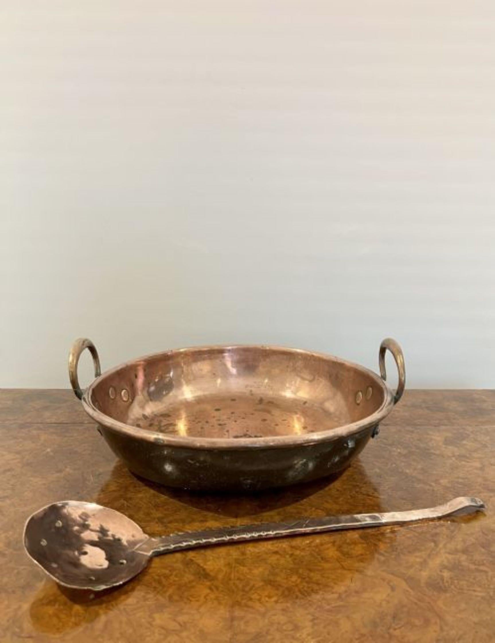 19th Century Large antique George III quality copper pan with a copper skimmer  For Sale