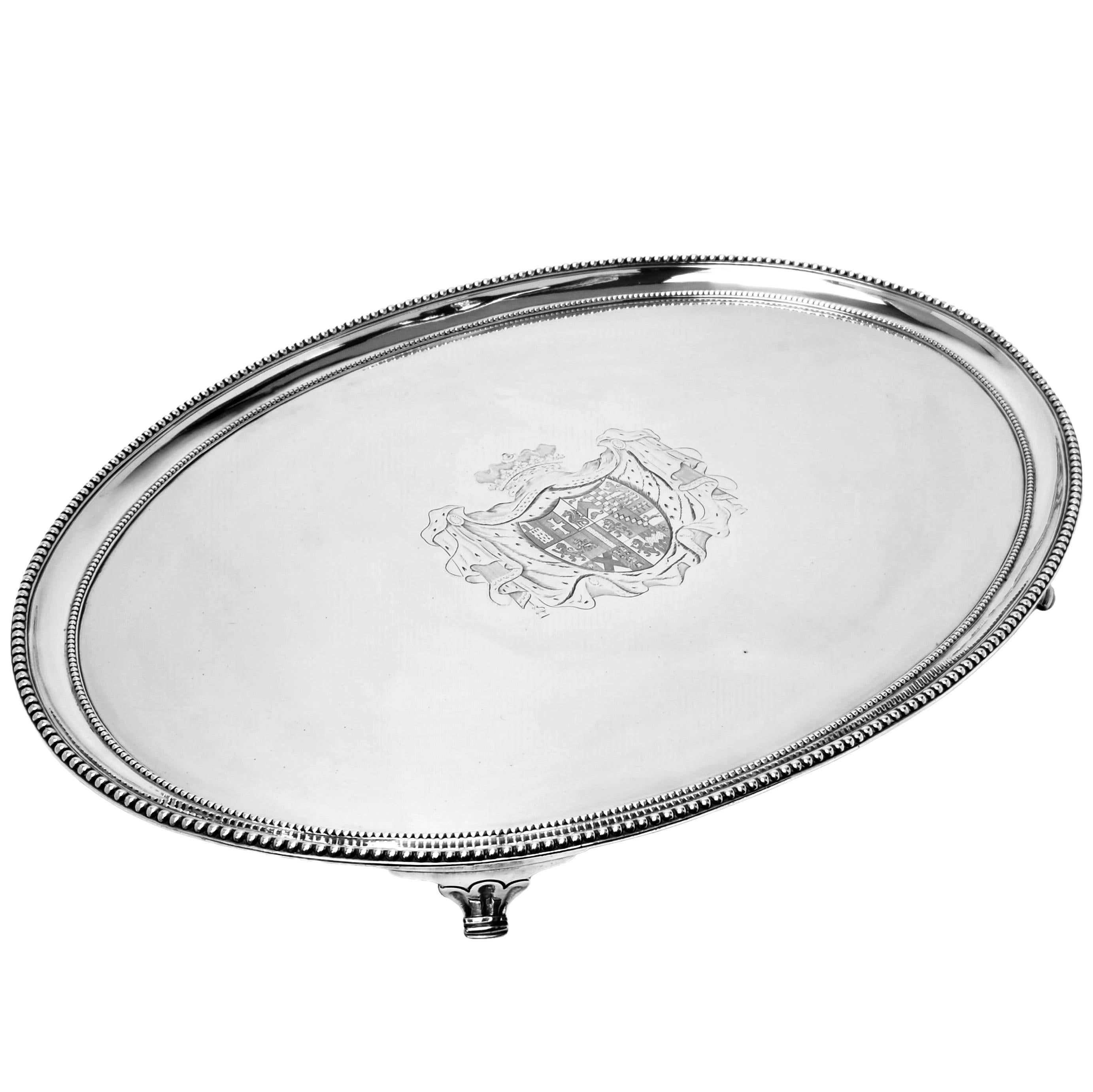George III Large Antique Georgian Oval Solid Silver Salver 1784 Platter Tray Waiter For Sale