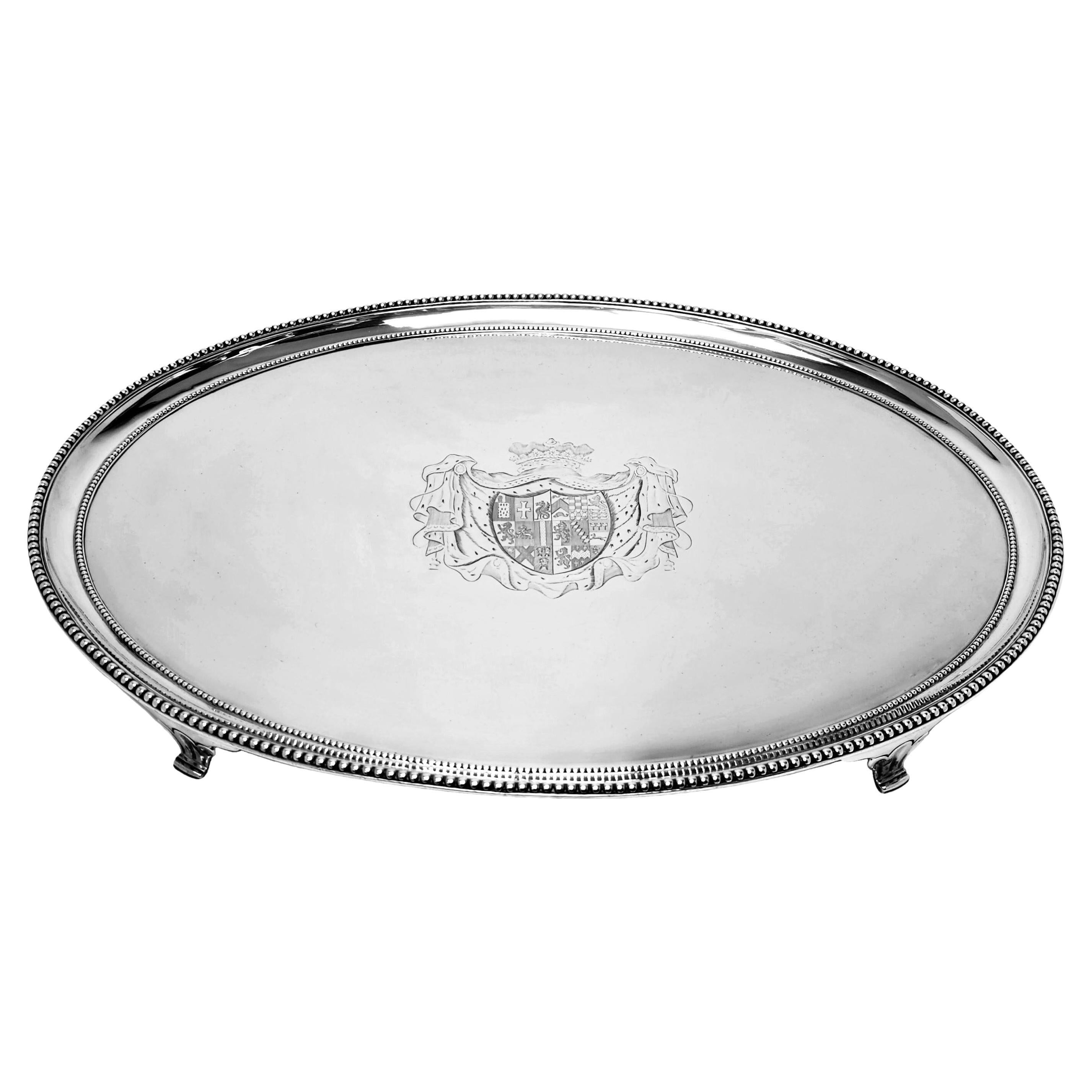 Large Antique Georgian Oval Solid Silver Salver 1784 Platter Tray Waiter For Sale