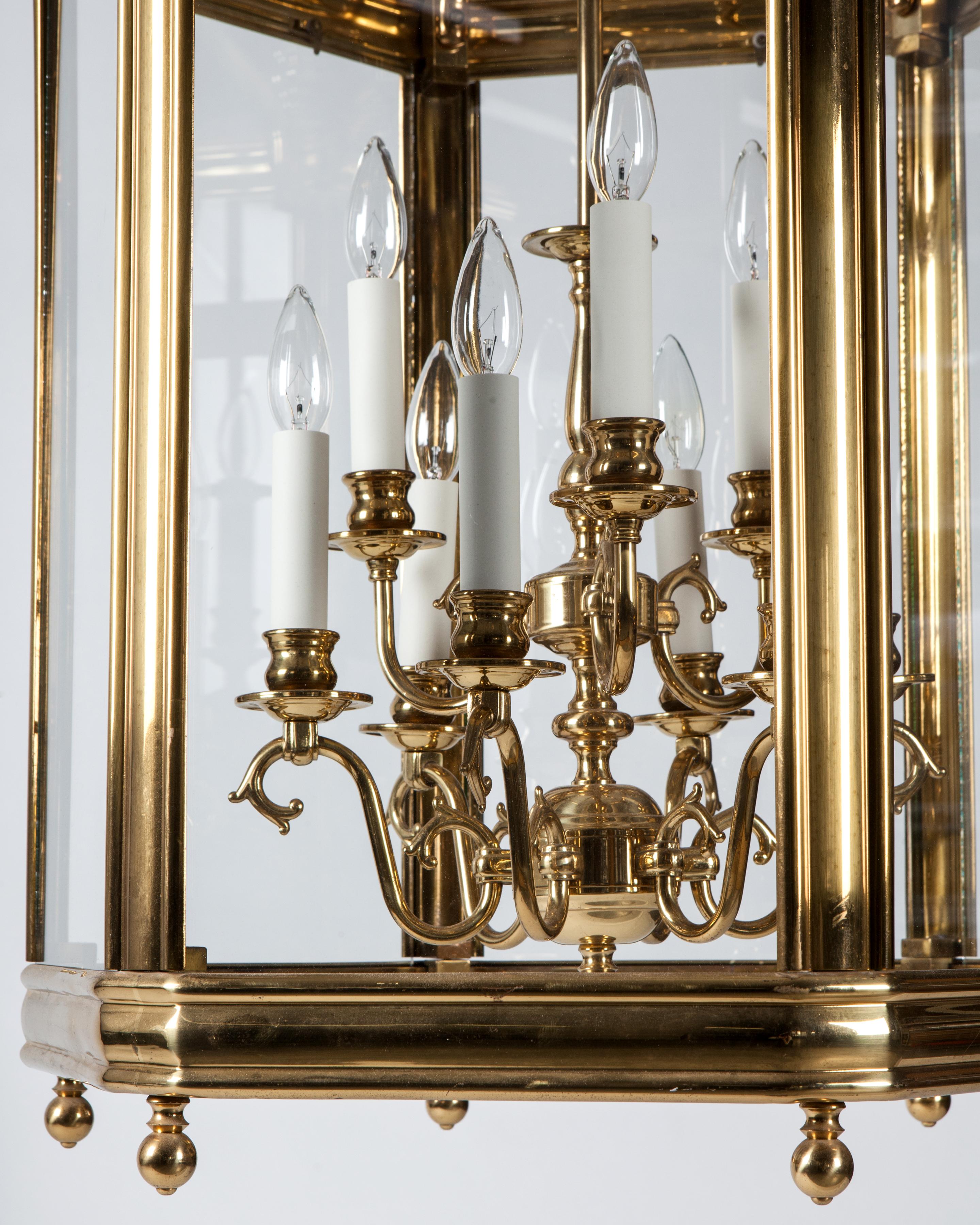 Large Antique Georgian Polished Brass Lantern with Clear Glass Panels circa 1950 In Good Condition In New York, NY