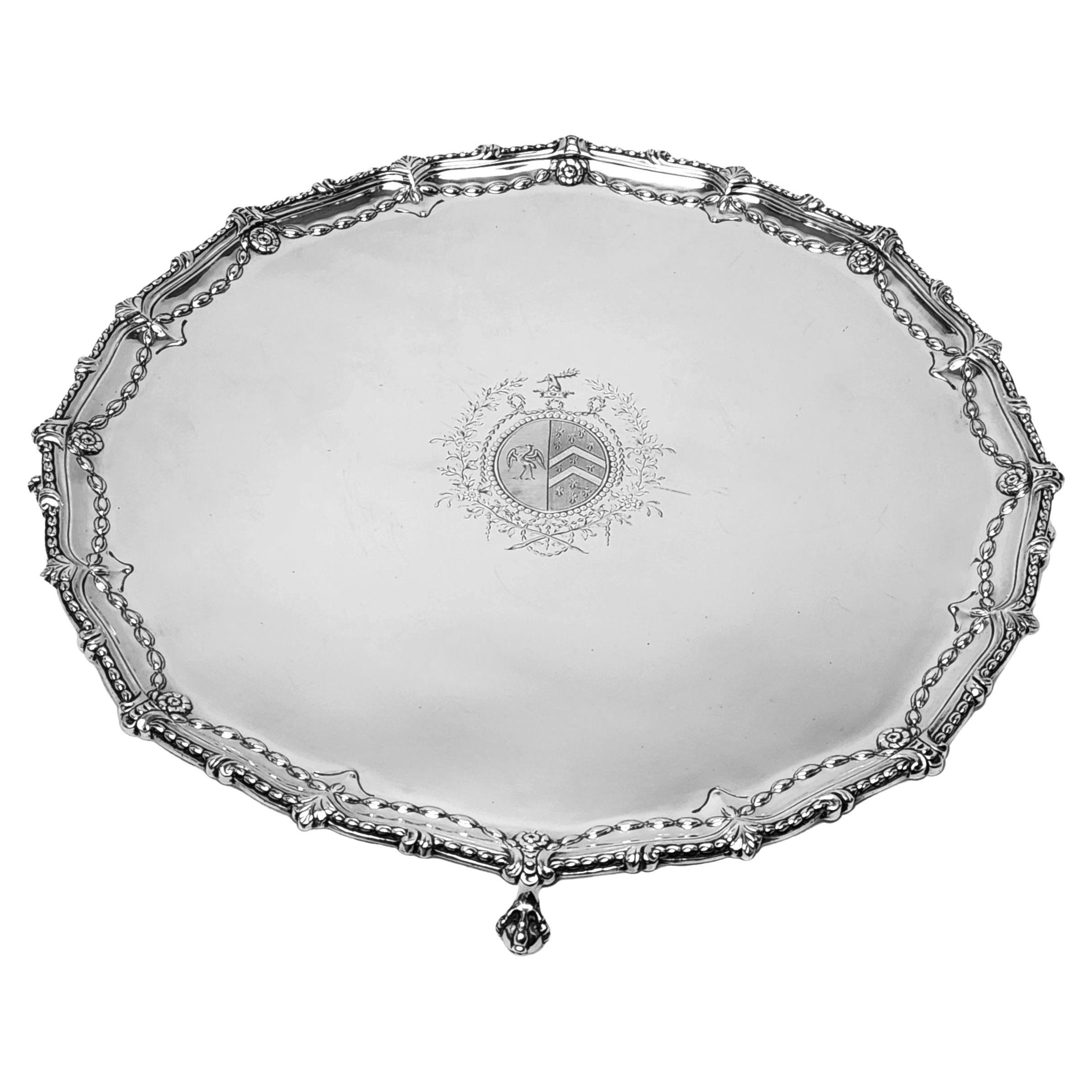 Large Antique Georgian Sterling Silver Salver 1770 Round Platter Tray