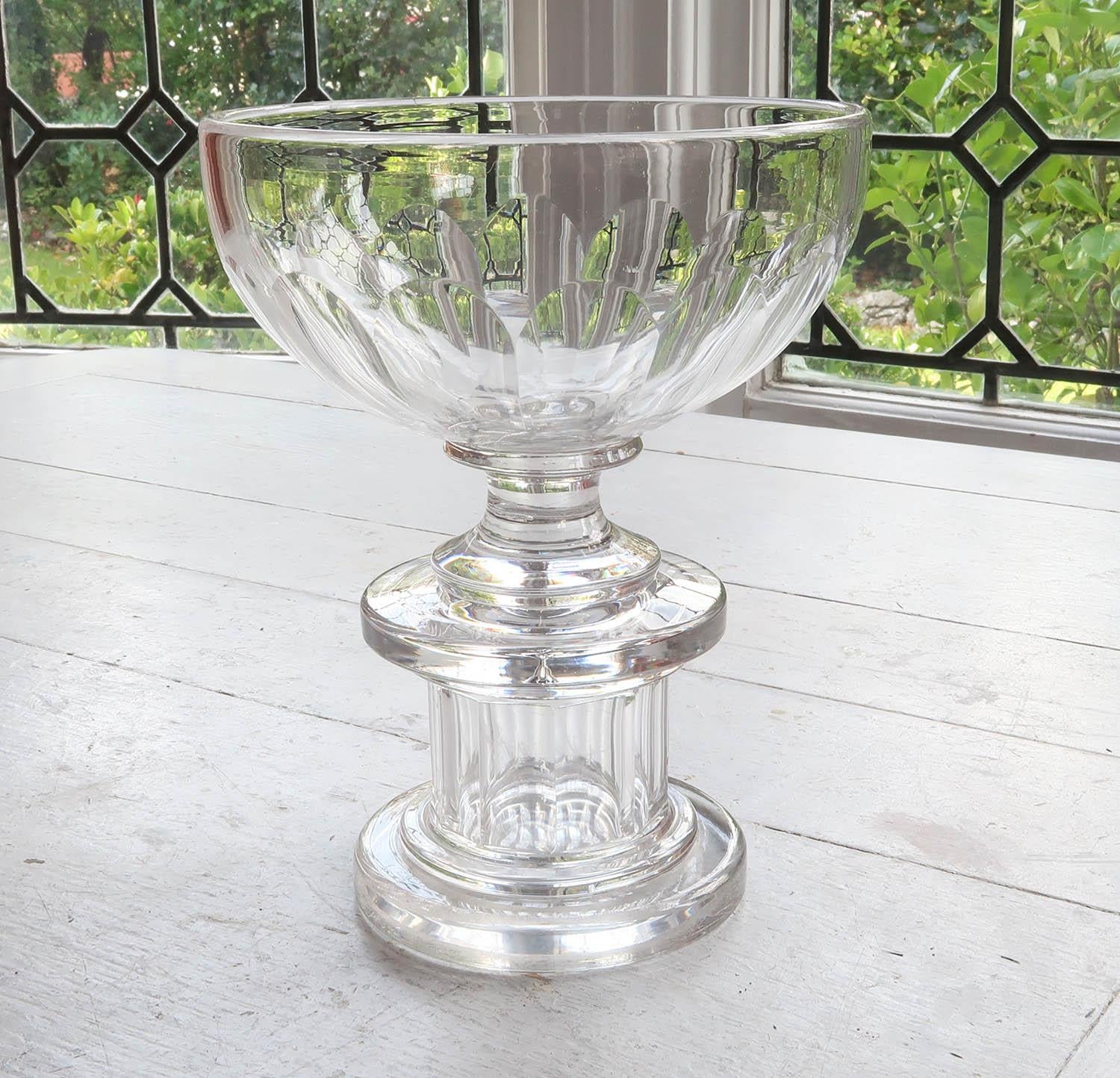 Hand-Crafted  Large Antique Georgian Style Glass Pedestal Bowl, English, 19th Century For Sale