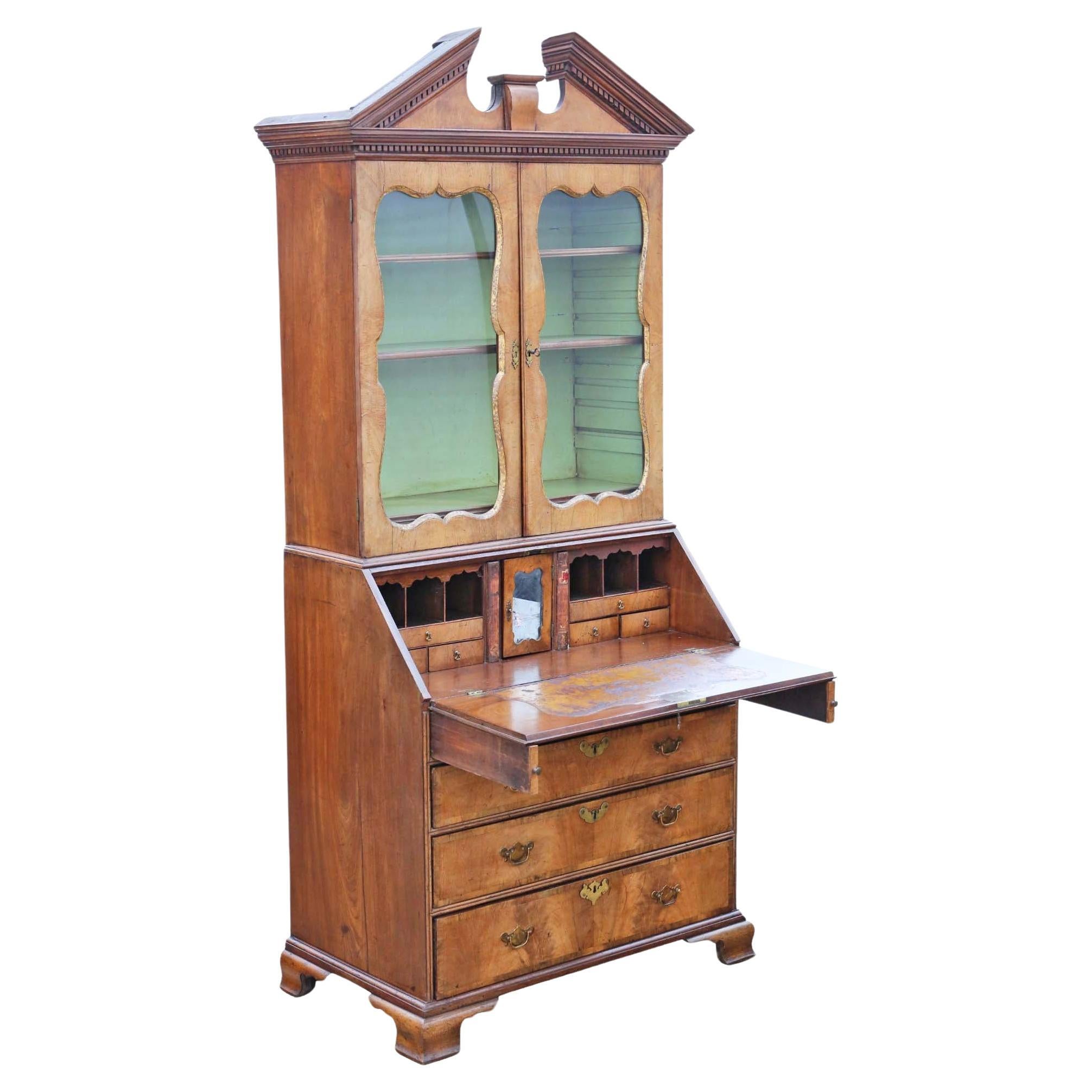 Large Antique Georgian Walnut Bureau Bookcase 18th Century Display Cabinet