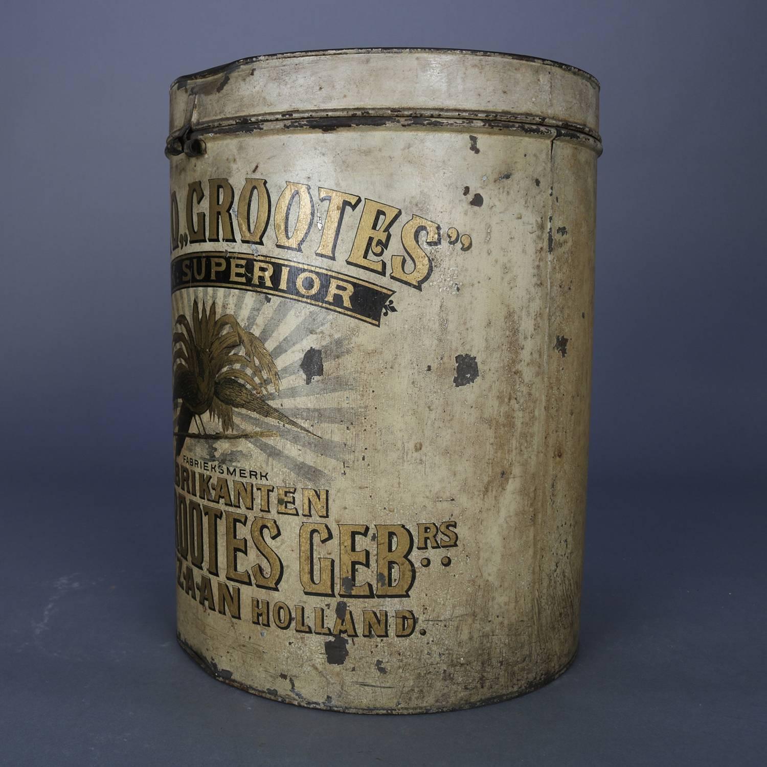 Large Antique German Chocolate Gilt Decorated Cocao Grootes Advertising Tin In Excellent Condition In Big Flats, NY