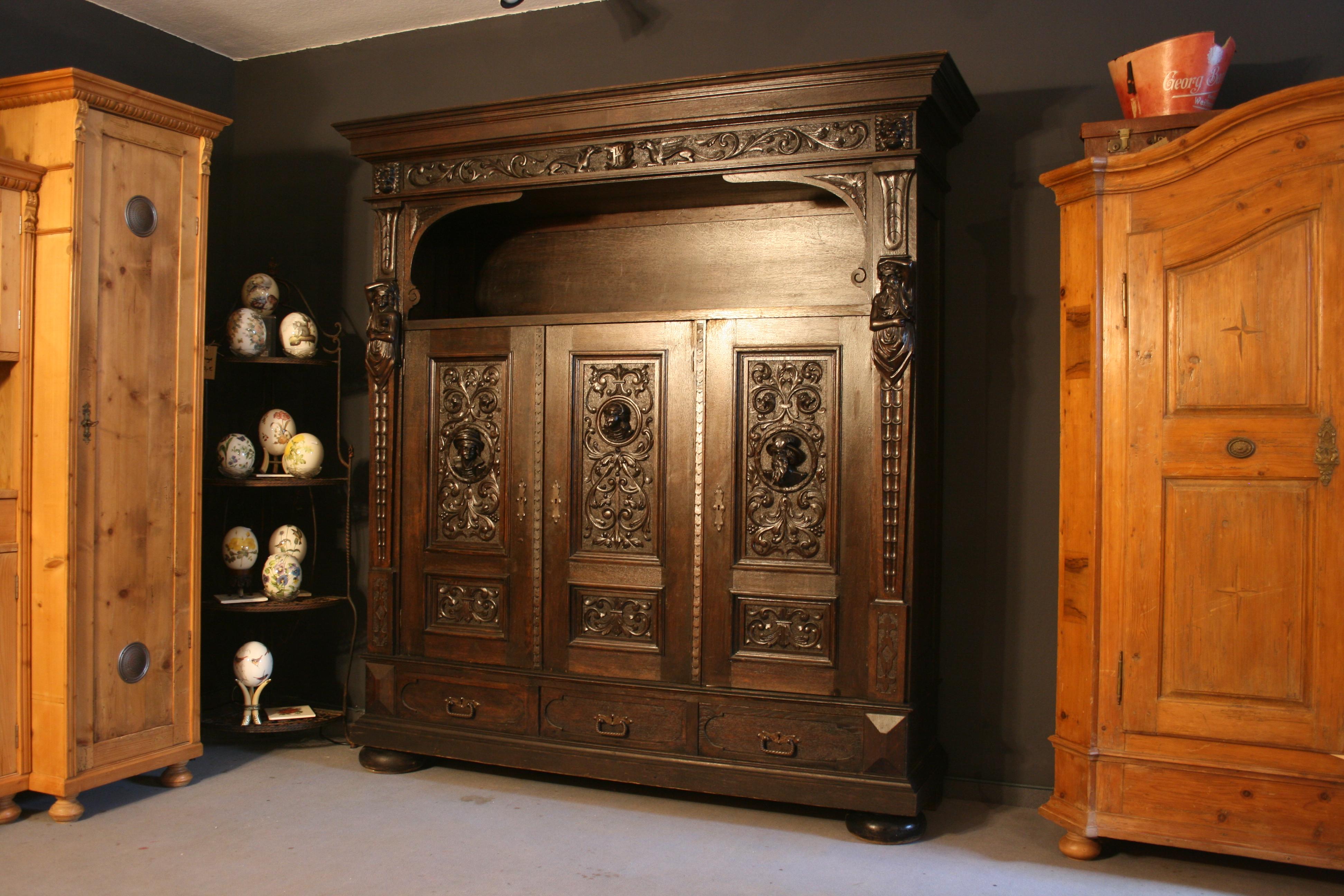 Hand-Carved Large Antique German Historicism Oak Cupboard, circa 1880