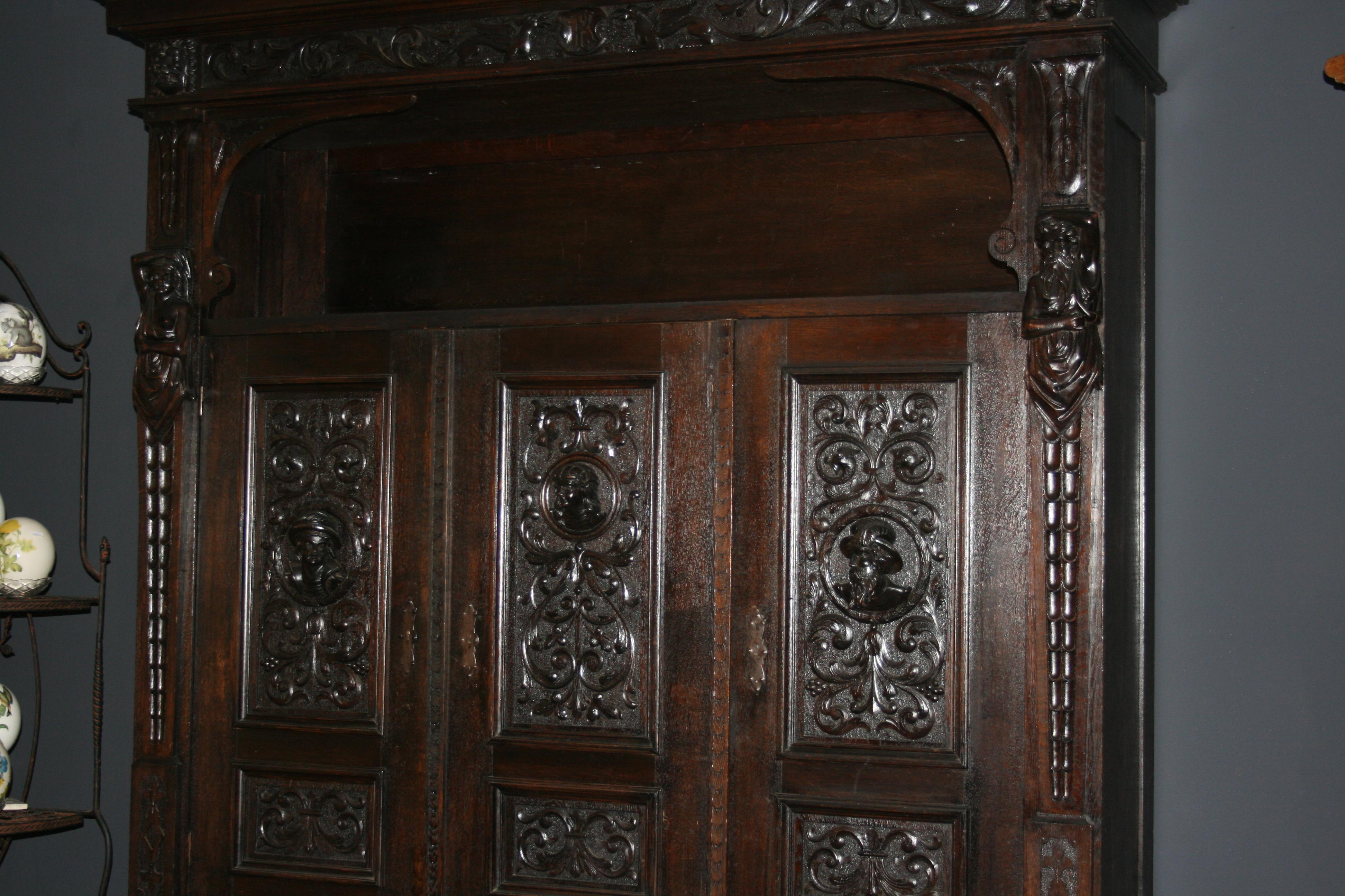 Large Antique German Historicism Oak Cupboard, circa 1880 1