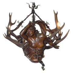 Large Antique German Lüsterweibchen, Antler Chandelier, 19th