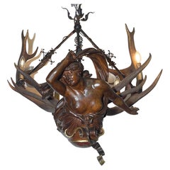 Large Antique German Lüsterweibchen, Antler Chandelier, 19th