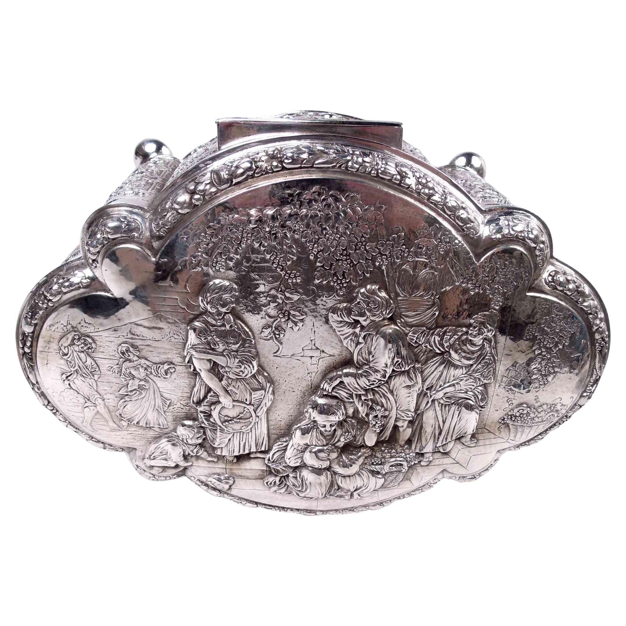 Large Antique German Rococo Classical Sterling Silver Box For Sale