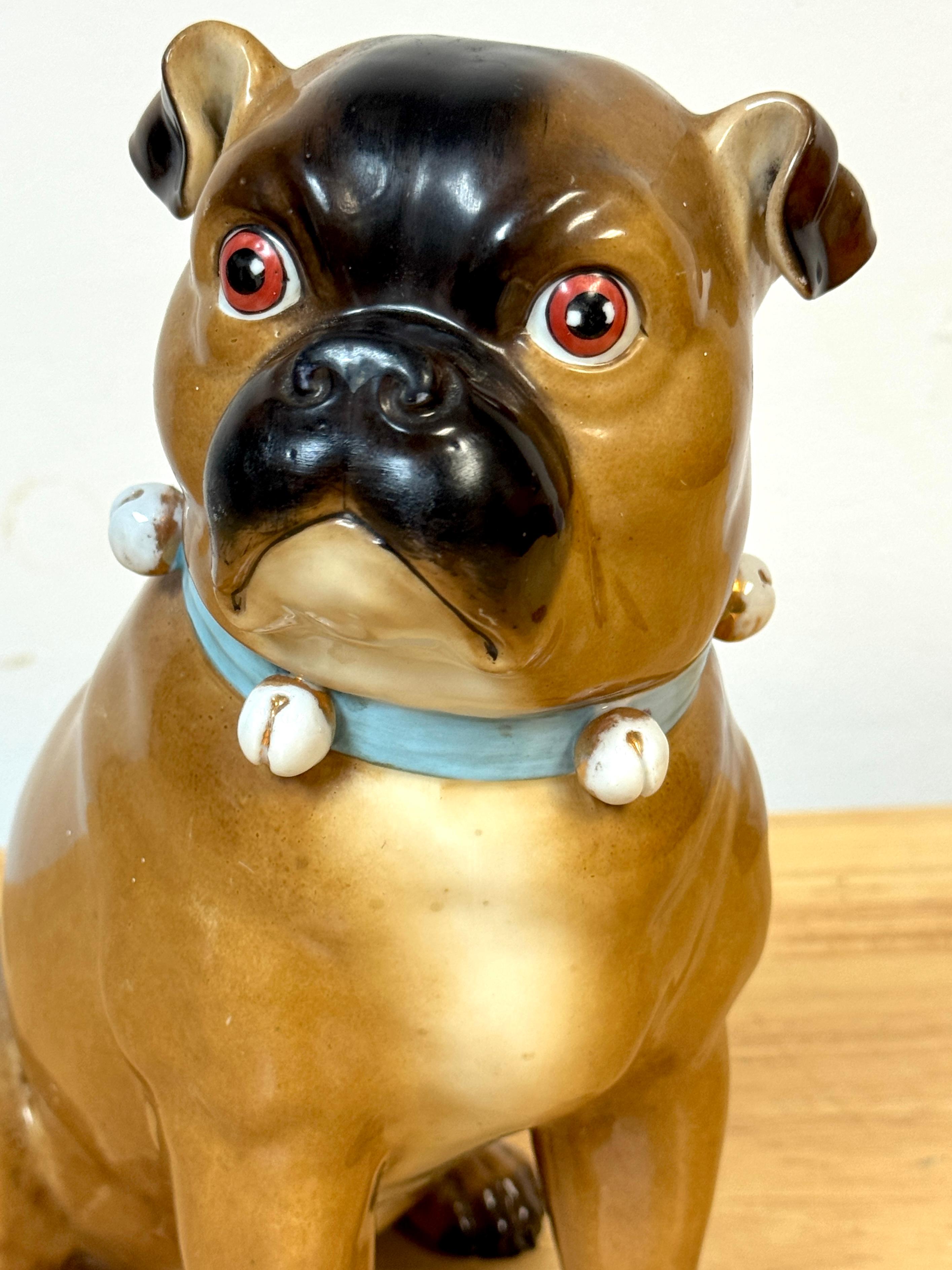 Large Antique German Seated Pug Dog Attributed to Dresden en Bueno estado para la venta en West Palm Beach, FL