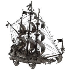 Großer antiker deutscher 3-Mast-Weinwagen aus Silber, Galleon Nef