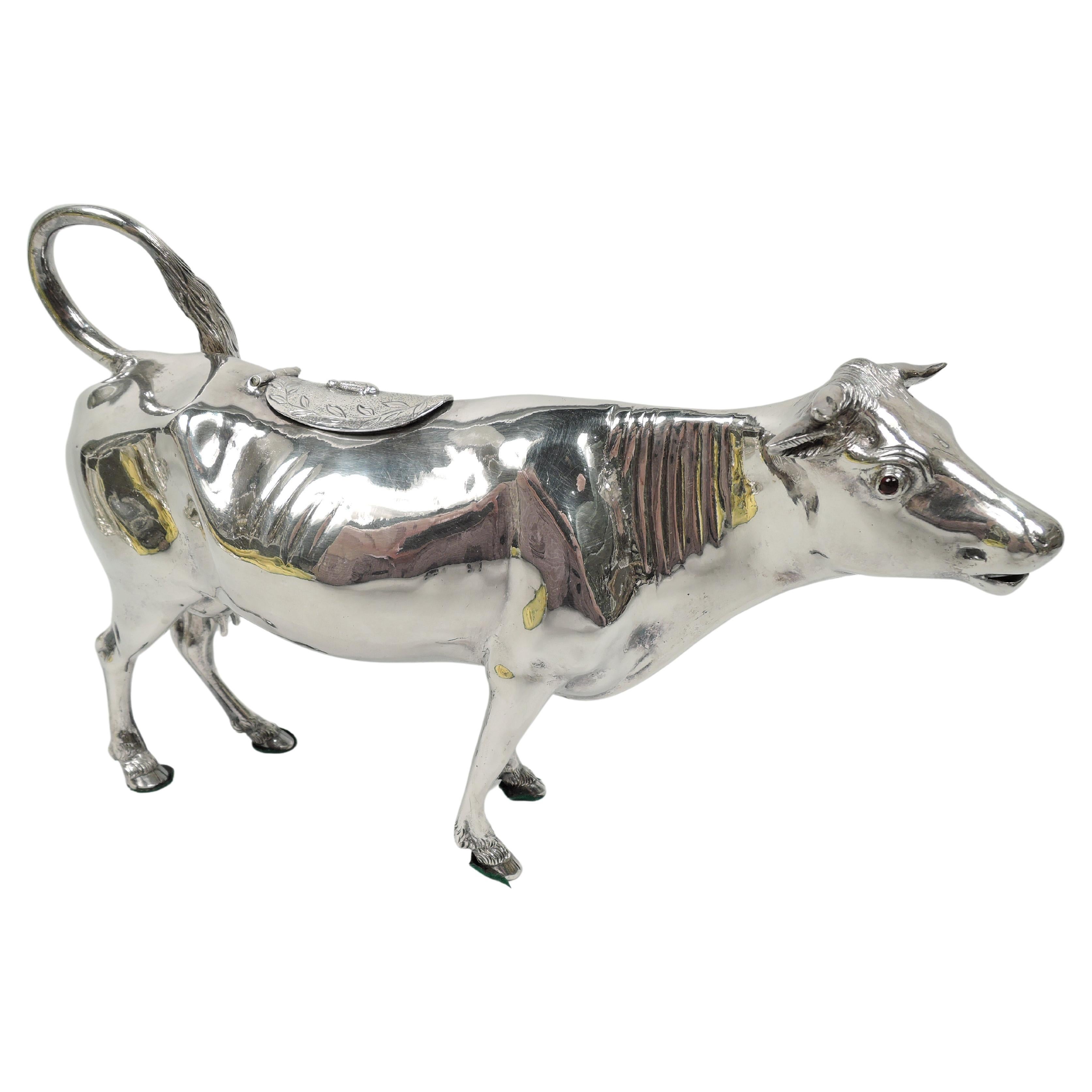Large Antique German Silver Bountiful Bessie Cow Creamer For Sale