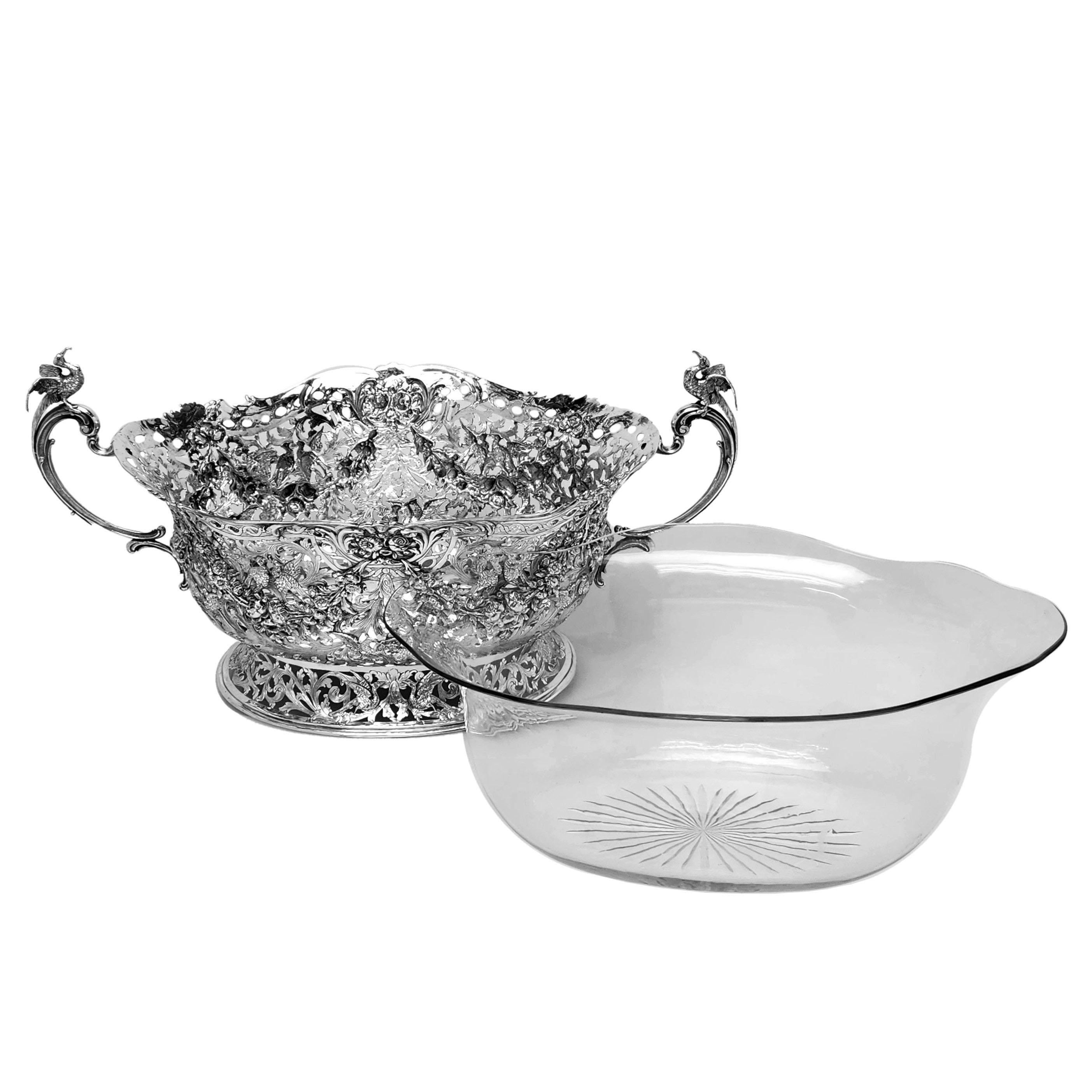 20th Century Large Antique German Silver & Glass Centrepiece Dish c. 1890 For Sale