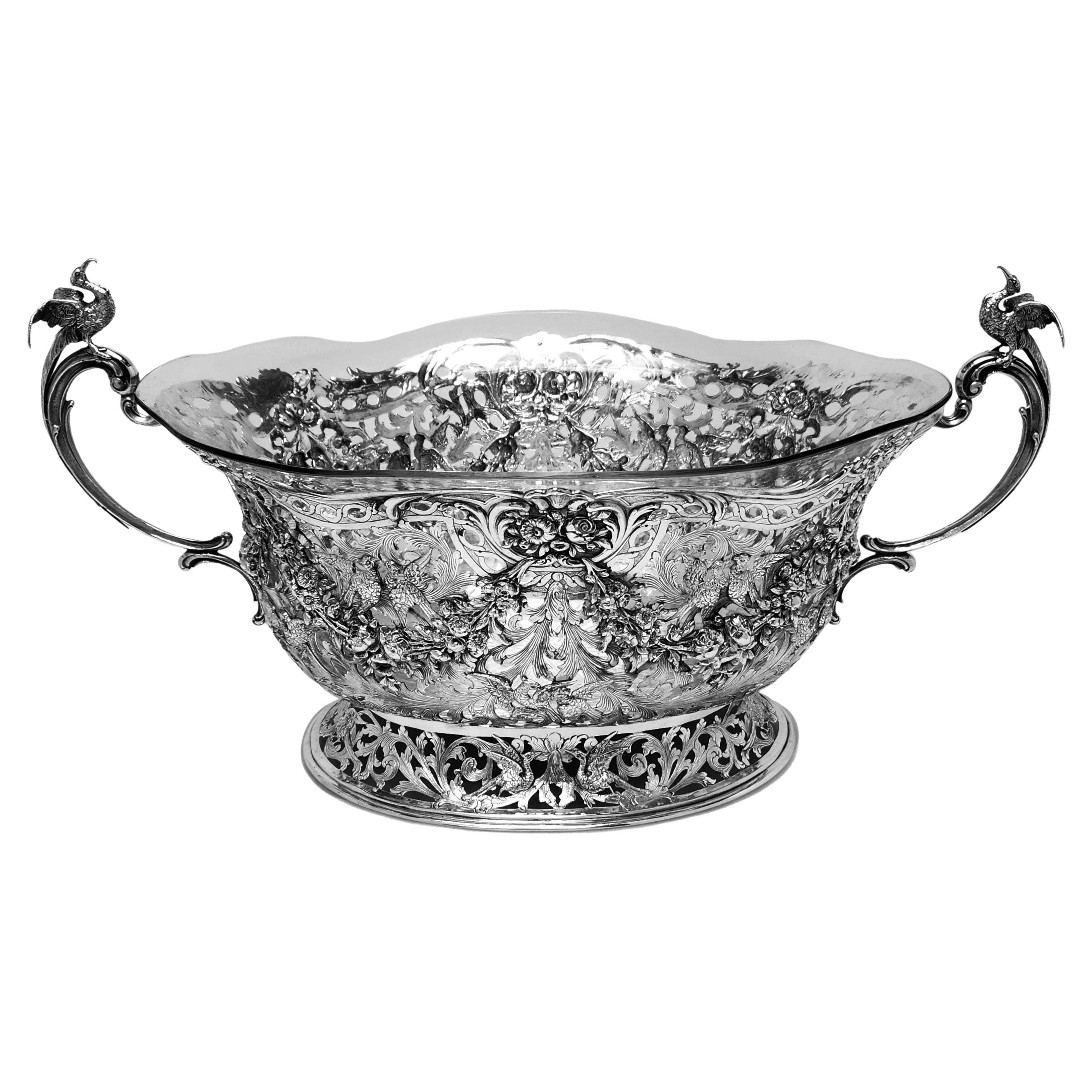 Grande piatto da centro antico tedesco in argento e vetro, 1890 ca.