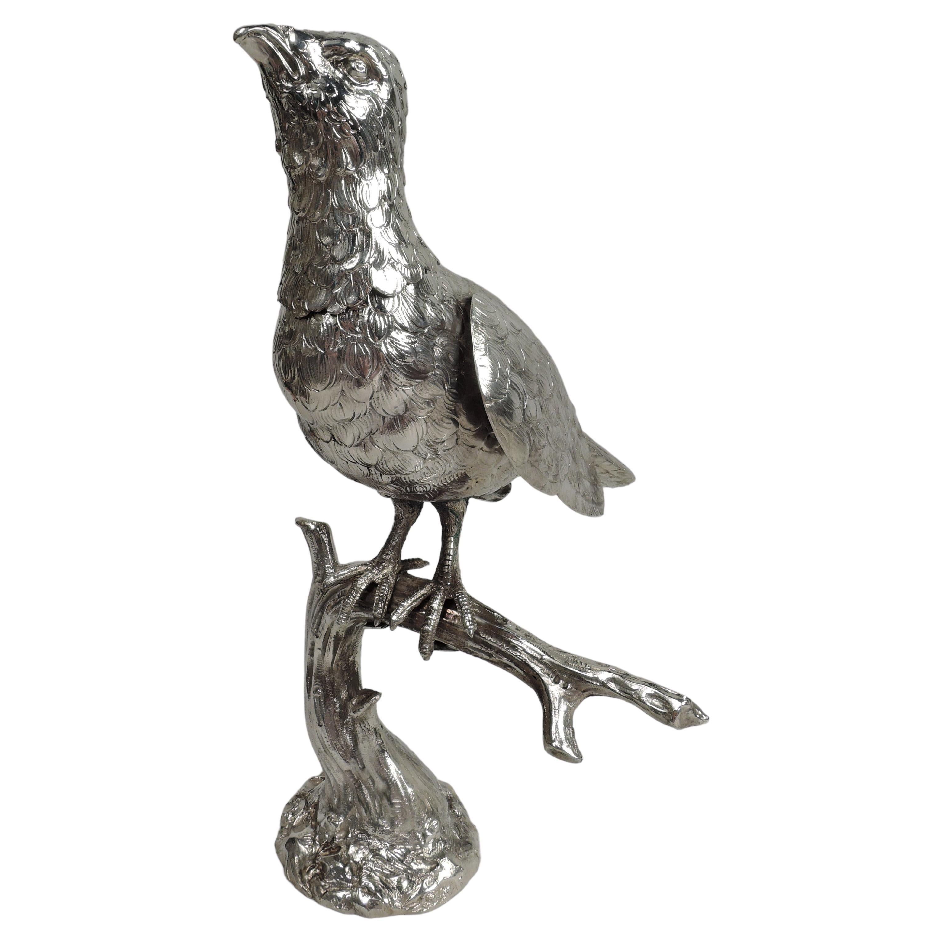 Large Antique German Silver Perched Bird Spice Box For Sale