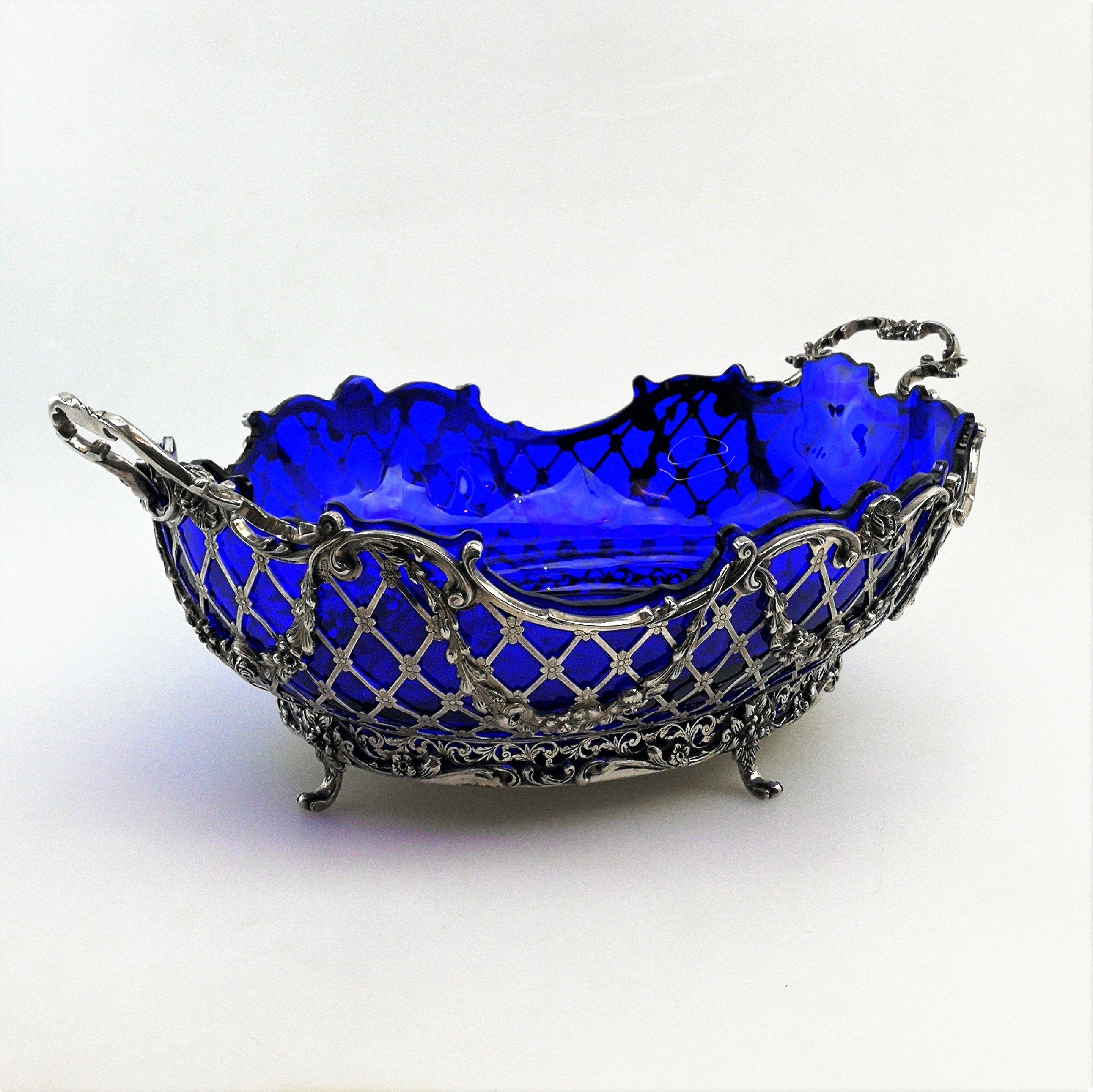 19th Century Large Antique German Solid Silver and Glass Basket / Bowl, circa 1890