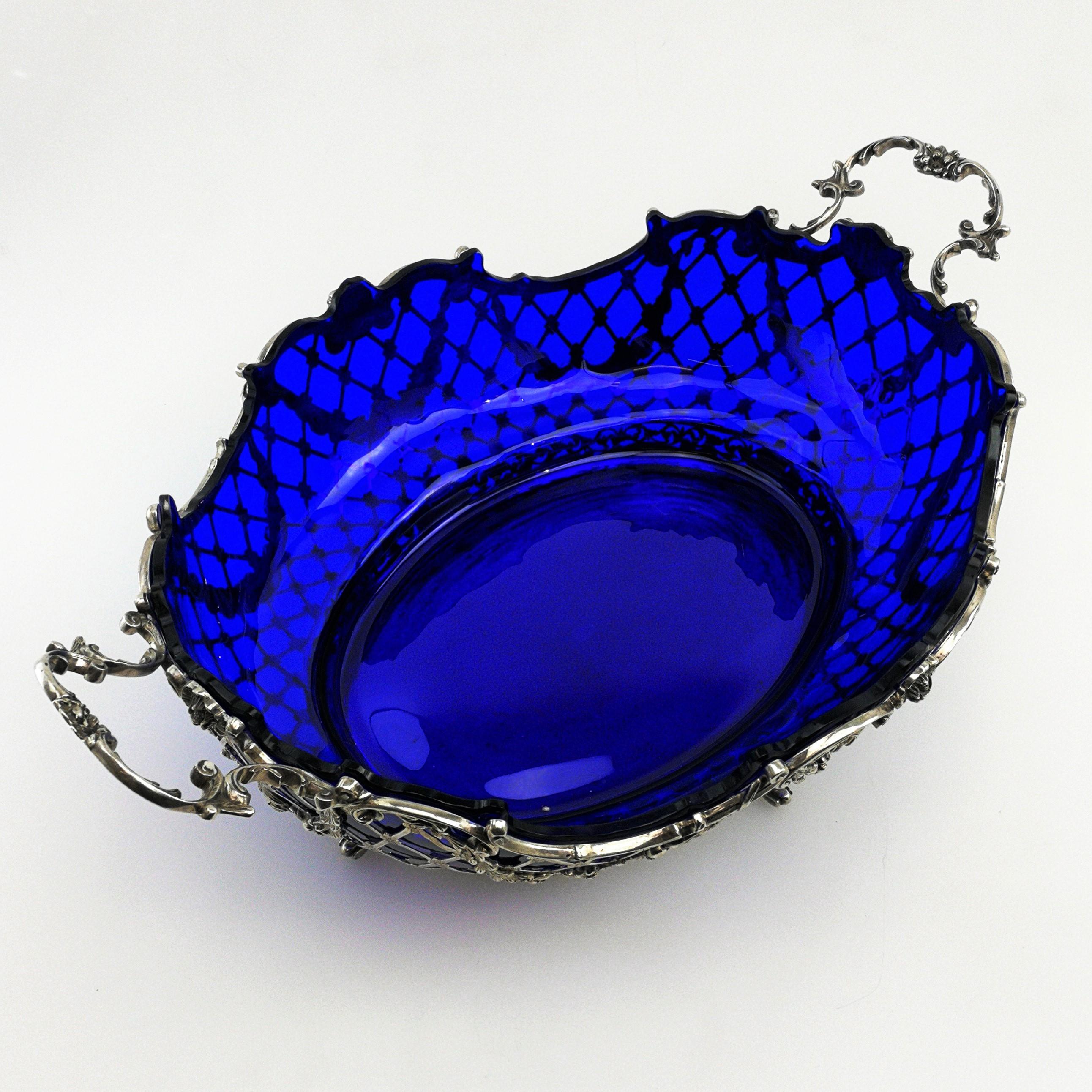 Sterling Silver Large Antique German Solid Silver and Glass Basket / Bowl, circa 1890