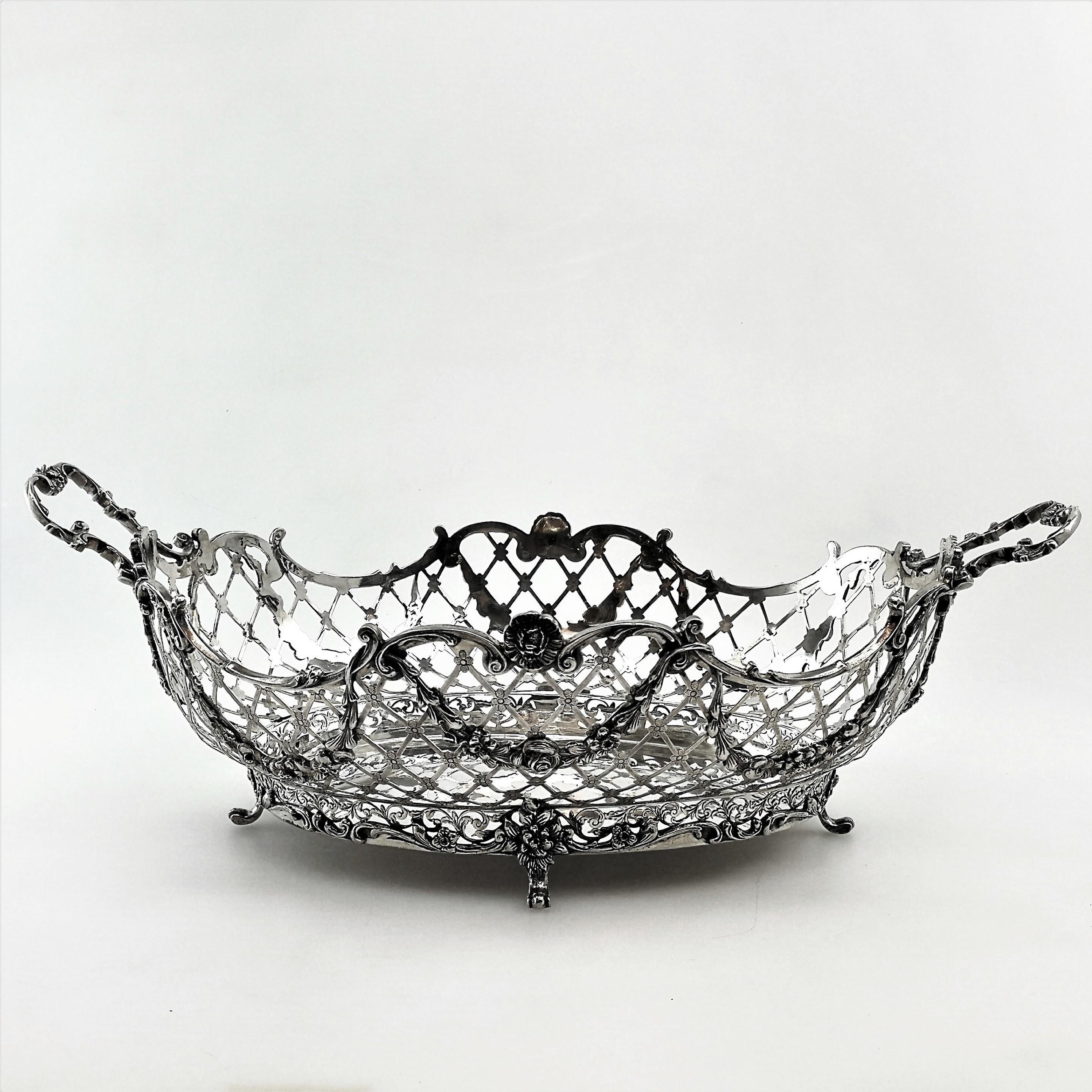 Large Antique German Solid Silver and Glass Basket / Bowl, circa 1890 3