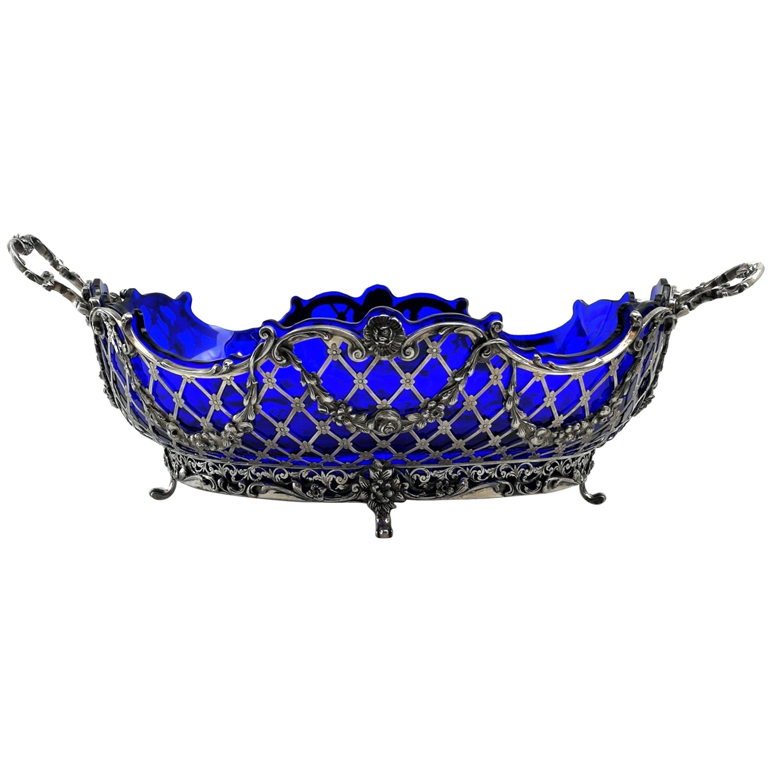 Large Antique German Solid Silver and Glass Basket / Bowl, circa 1890