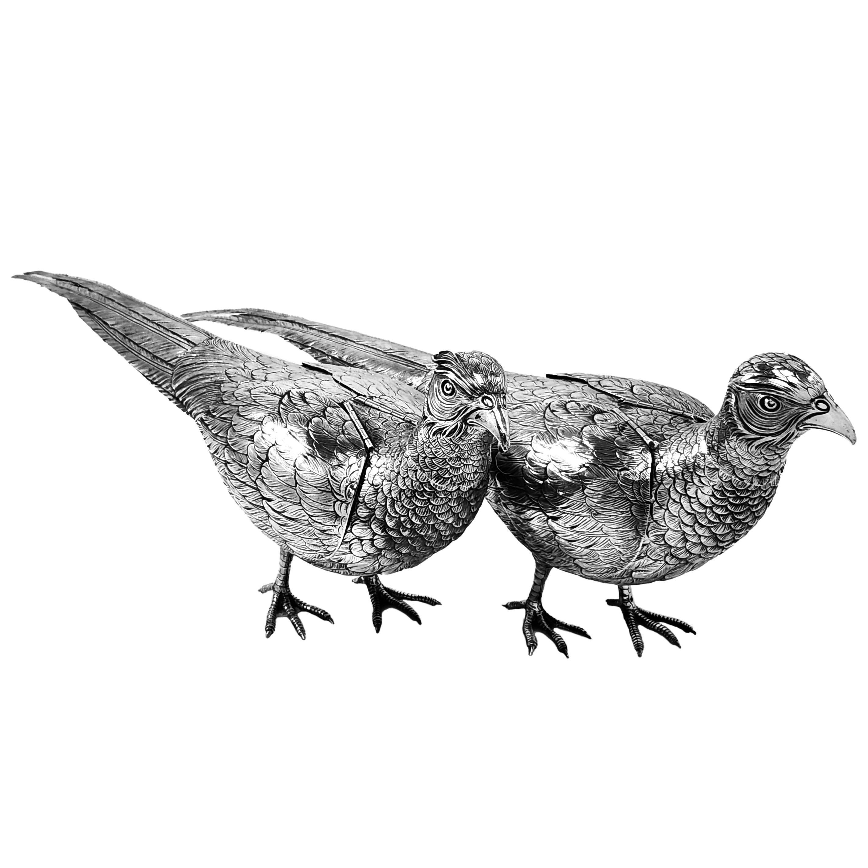 Large Antique German Sterling Silver Pheasants c. 1890 Continental Model Birds In Good Condition For Sale In London, GB