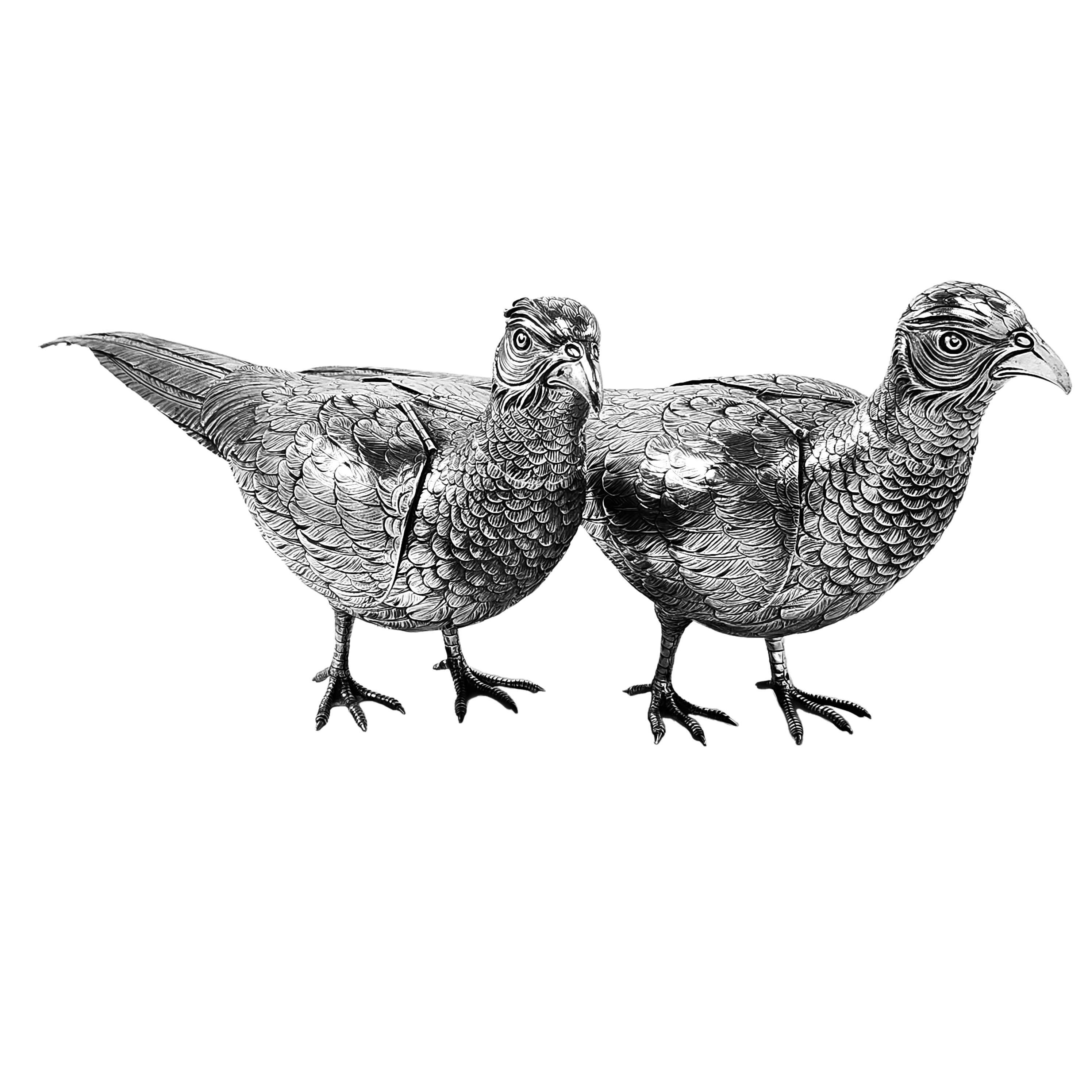 19th Century Large Antique German Sterling Silver Pheasants c. 1890 Continental Model Birds For Sale
