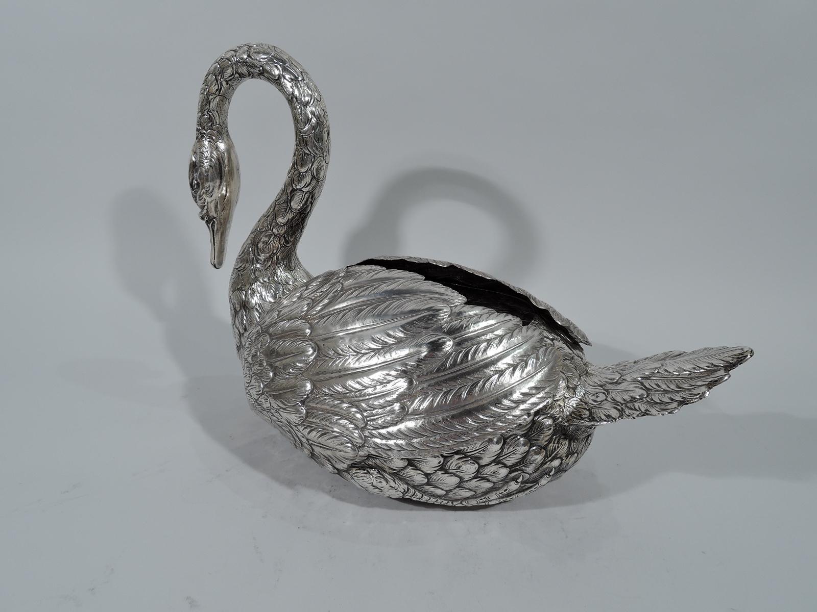 Large Antique German Sterling Silver Swan with Hinged Wings In Excellent Condition In New York, NY