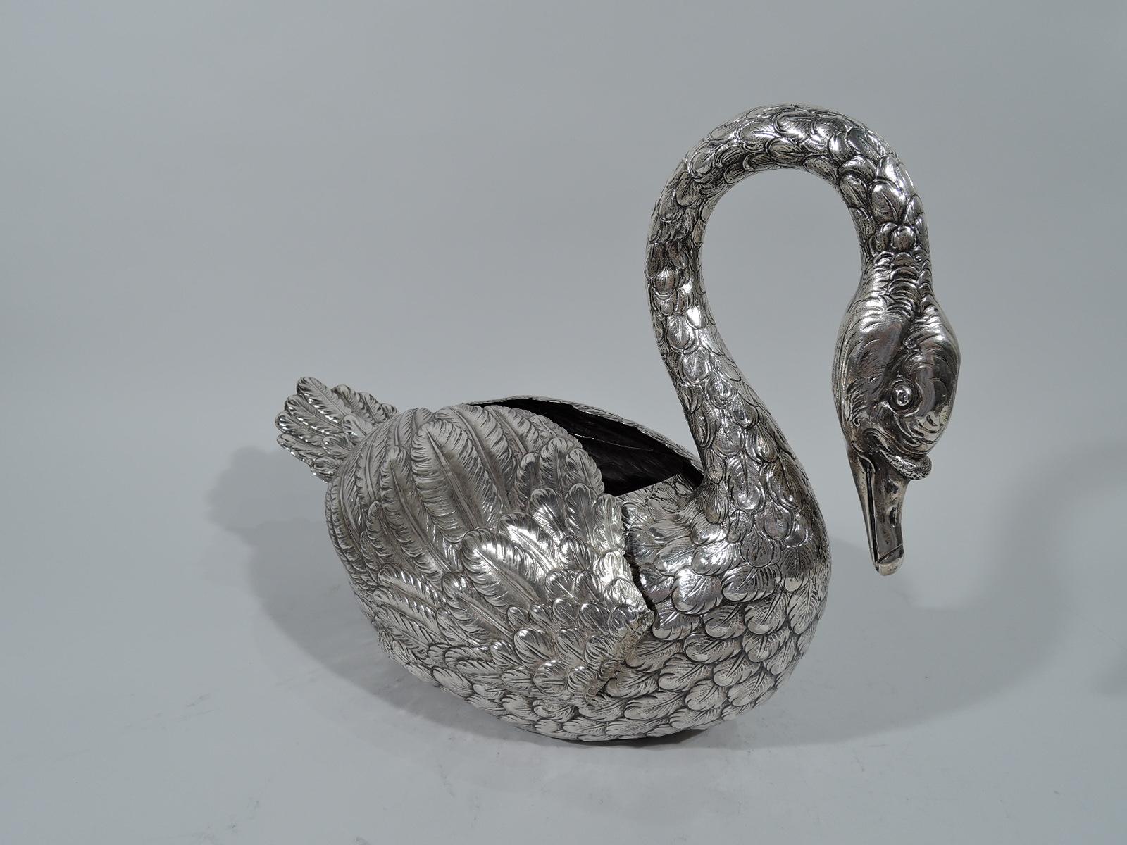 20th Century Large Antique German Sterling Silver Swan with Hinged Wings